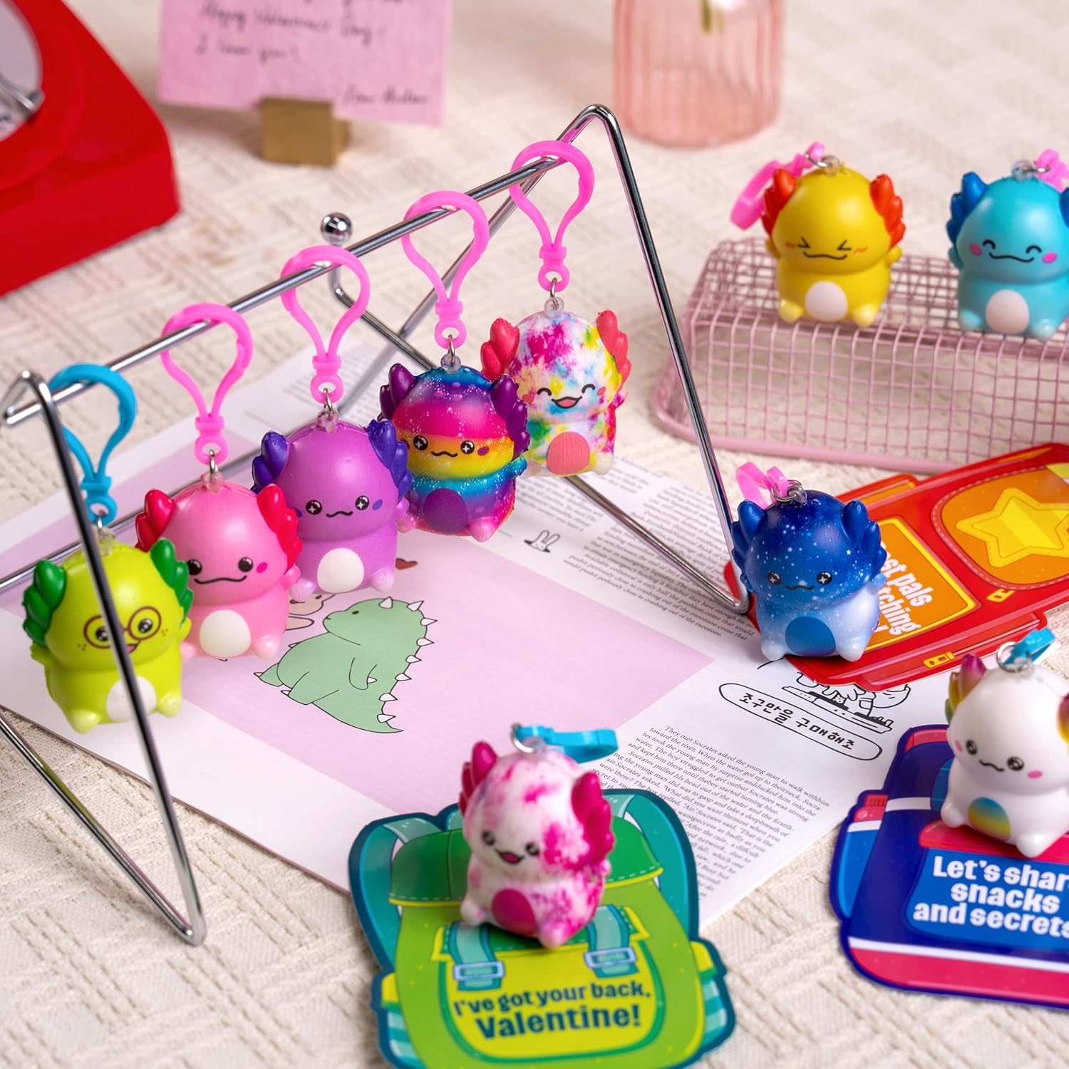 JOYIN 28 Pcs Valentine’s Day Axolotl Toys with Backpack Cards, Slow Rising PU Squishy Keychains, Valentine Stress Relief Toys for Kids Party Gift Exchange Classroom Prize Goodie Bag Stuffers