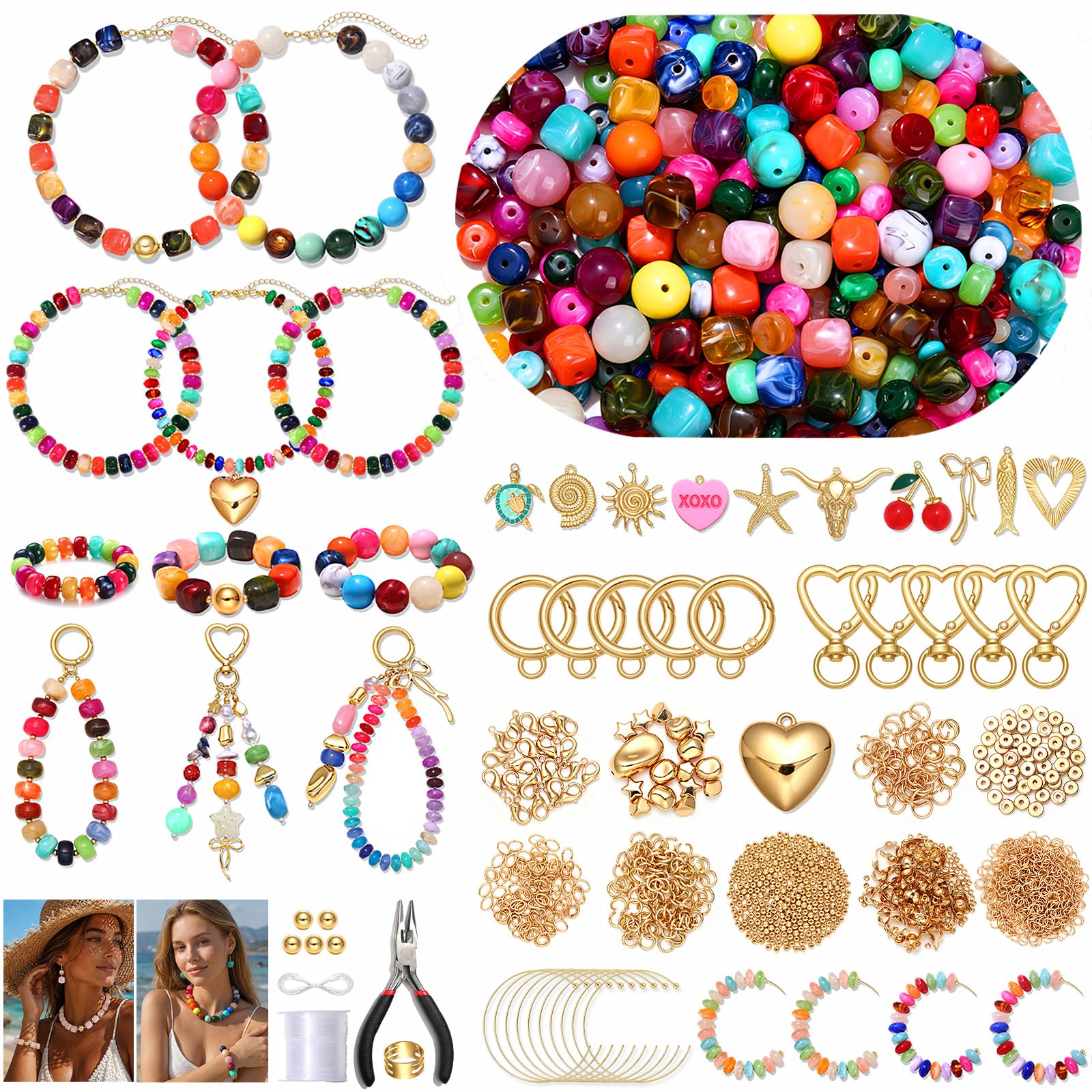1450 cuentas gruesas para hacer collares, pulseras, joyas, 14 mm, 16 mm, 20 mm, kit de cuentas acrílicas coloridas con cuentas espaciadoras doradas, abalorios, cadenas, clips de llavero, cierres de