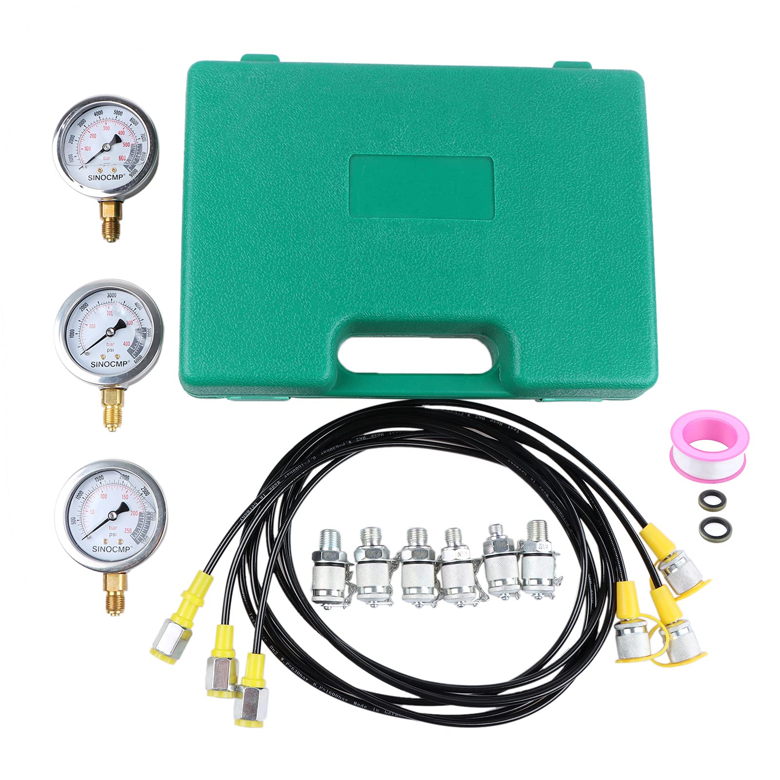 Kit de prueba de presión hidráulica, 3 medidores de presión de 25 Mpa/40 Mpa/60 MPa, 6 acoplamientos de prueba, 3 mangueras de prueba, 1 caja de almacenamiento, juego de medidores de