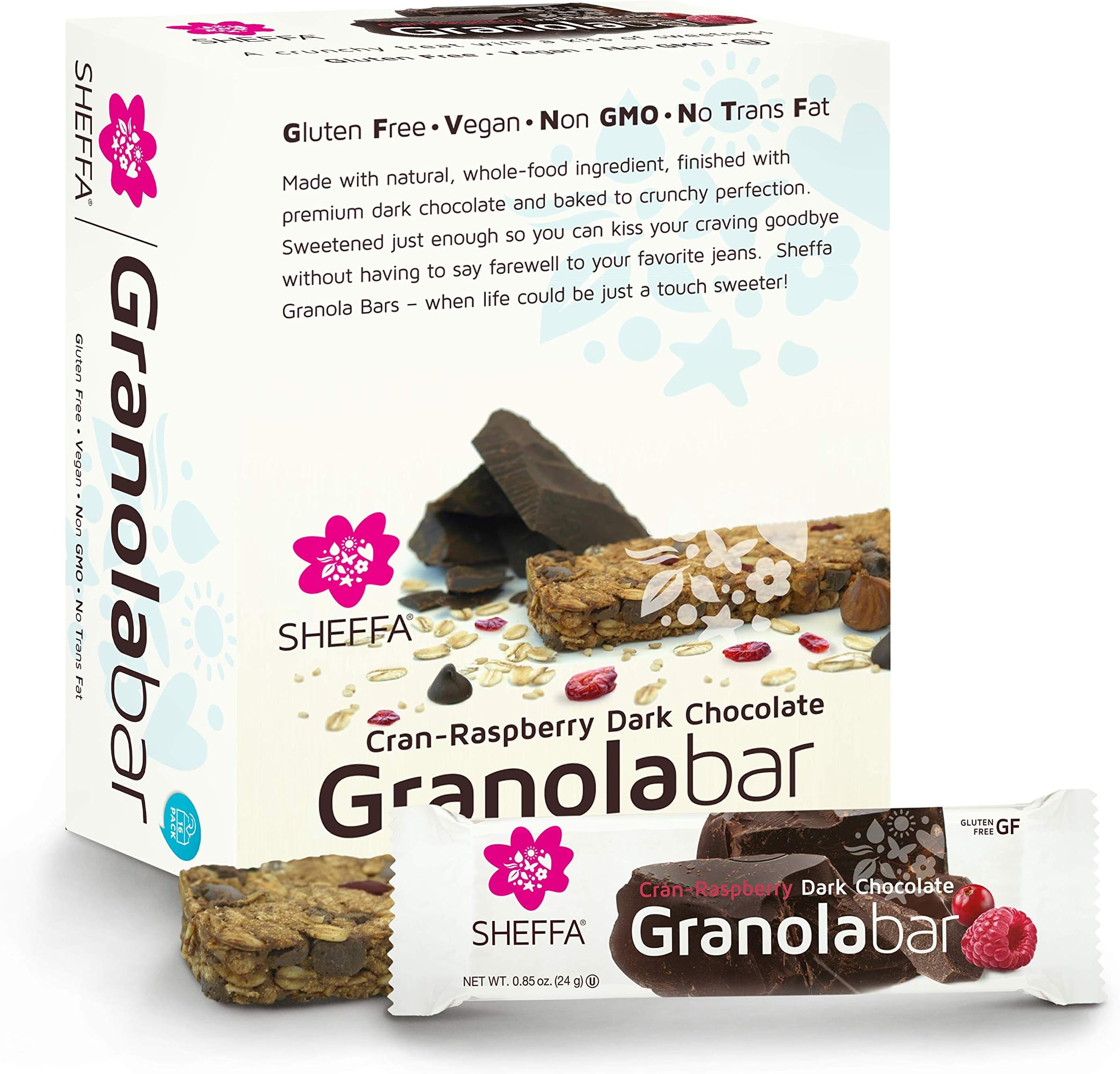 Sheffa Granola Bars Cranberry Raspberry Dark Chocolate 0.85 Oz (Pack Of 16) Healthy Kind Of Snack Kosher Gluten Free Vegan Low Sodium, Calorie, Carbs for Weight Wacthers Cereal Breakfast Diabetics