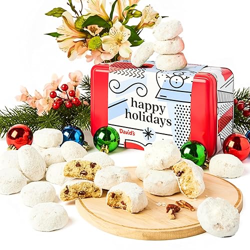 David's Cookies Happy Holidays - Lata de galletas de mantequilla y nueces, galletas suaves con nueces crujientes, cesta de regalo de postre gourmet