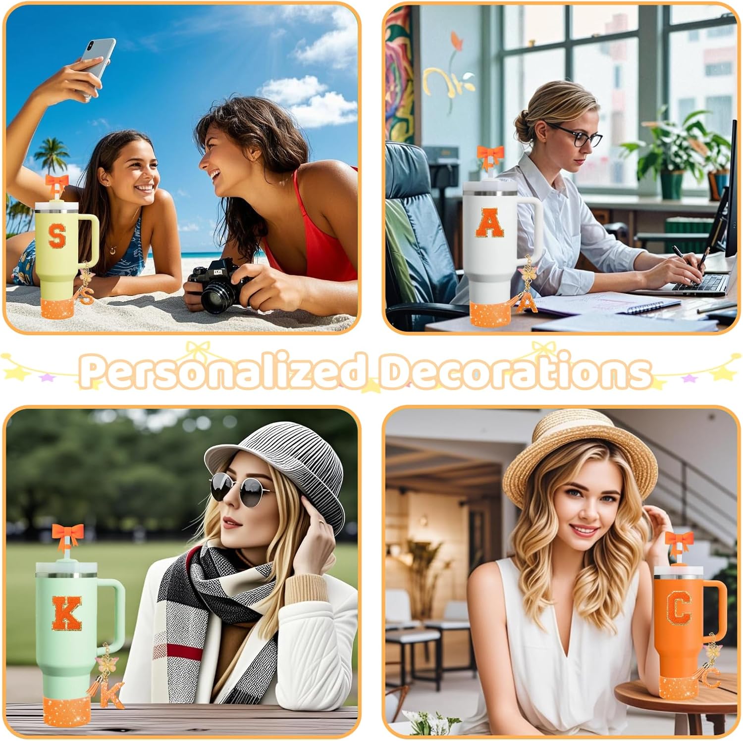 6PCS Orange Stanley Cup Accessories Set Fit for Stanley Cup 30oz 40oz,Including Spill Proof Stopper,Sparkly Silicone Boot,Bow Shape Straw Topper,Personalized Sticker,Handle Charm (Letter C) - Image 6