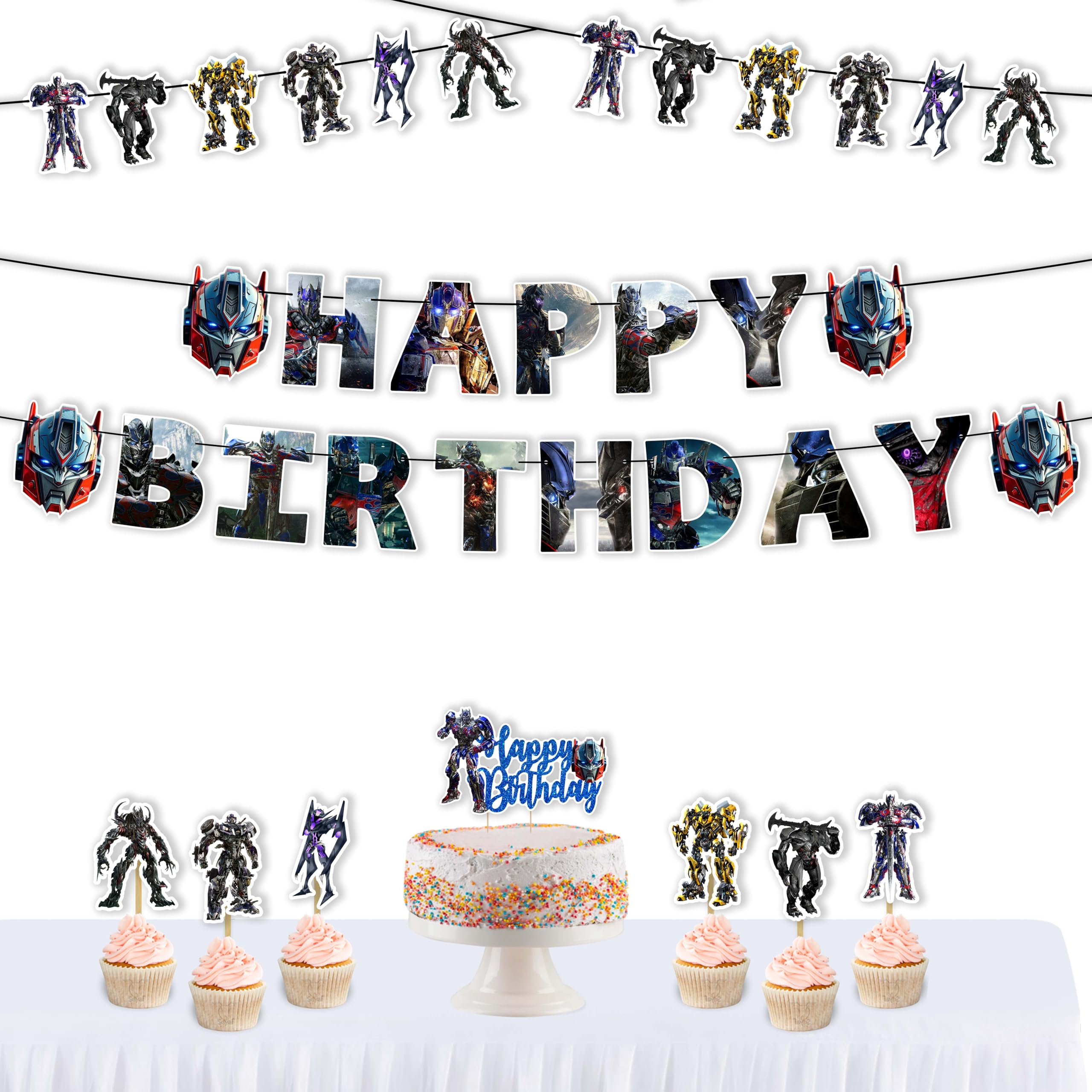 Optms Prme Theme Birthday Party Decoration Set – Action Inspired Banner, Cake Topper and Cupcake Toppers for Robot Adventure Celebration Supplies and Themed Party Décor Setup