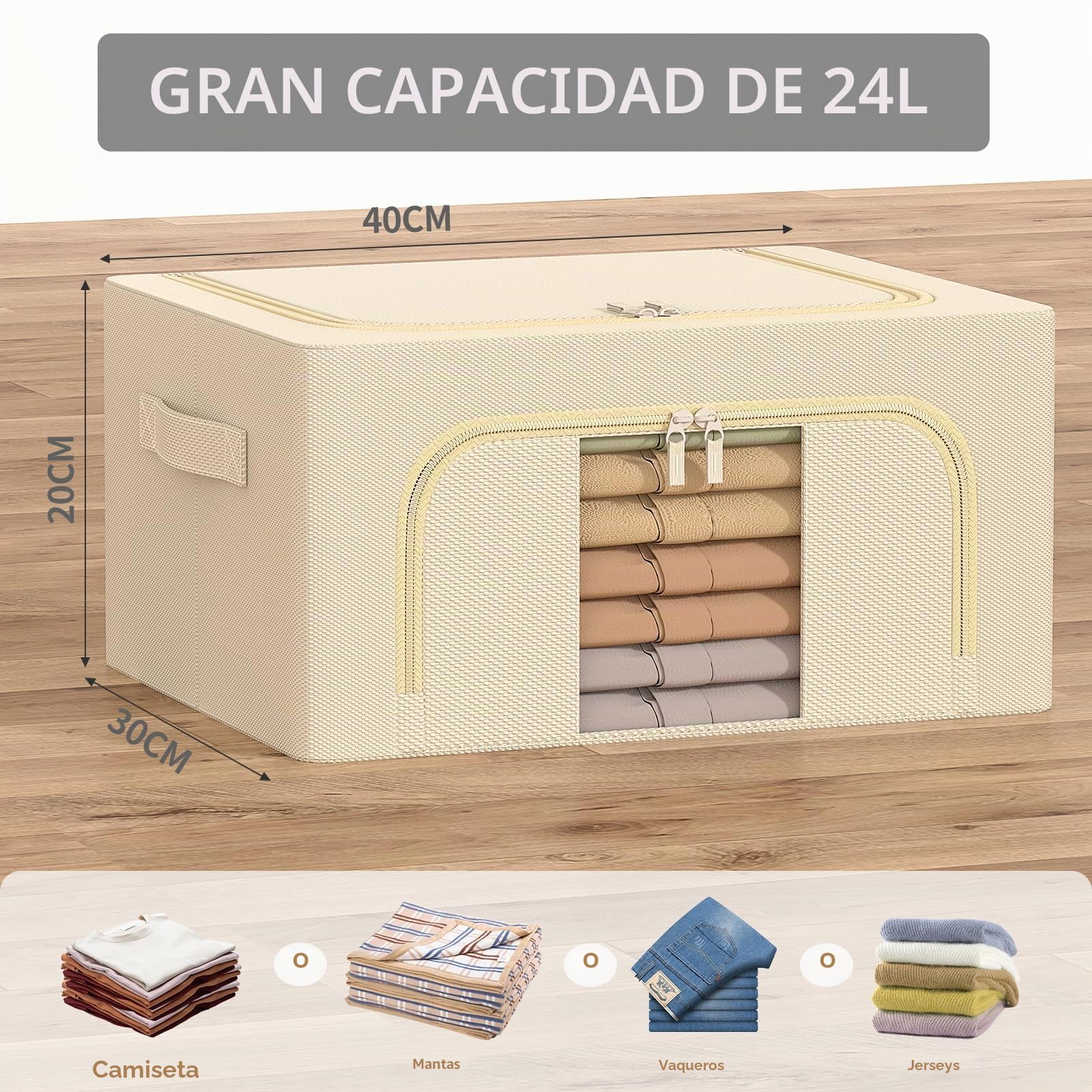 GoMaihe 3 Piezas Cajas Almacenaje Ropa - Material de tela Oxford Bolsas Para Guardar Ropa Plegable con Asa Reforzada y Ventanas Transparentes Adecuado para el almacenamiento diario de ropa (24L Beige)