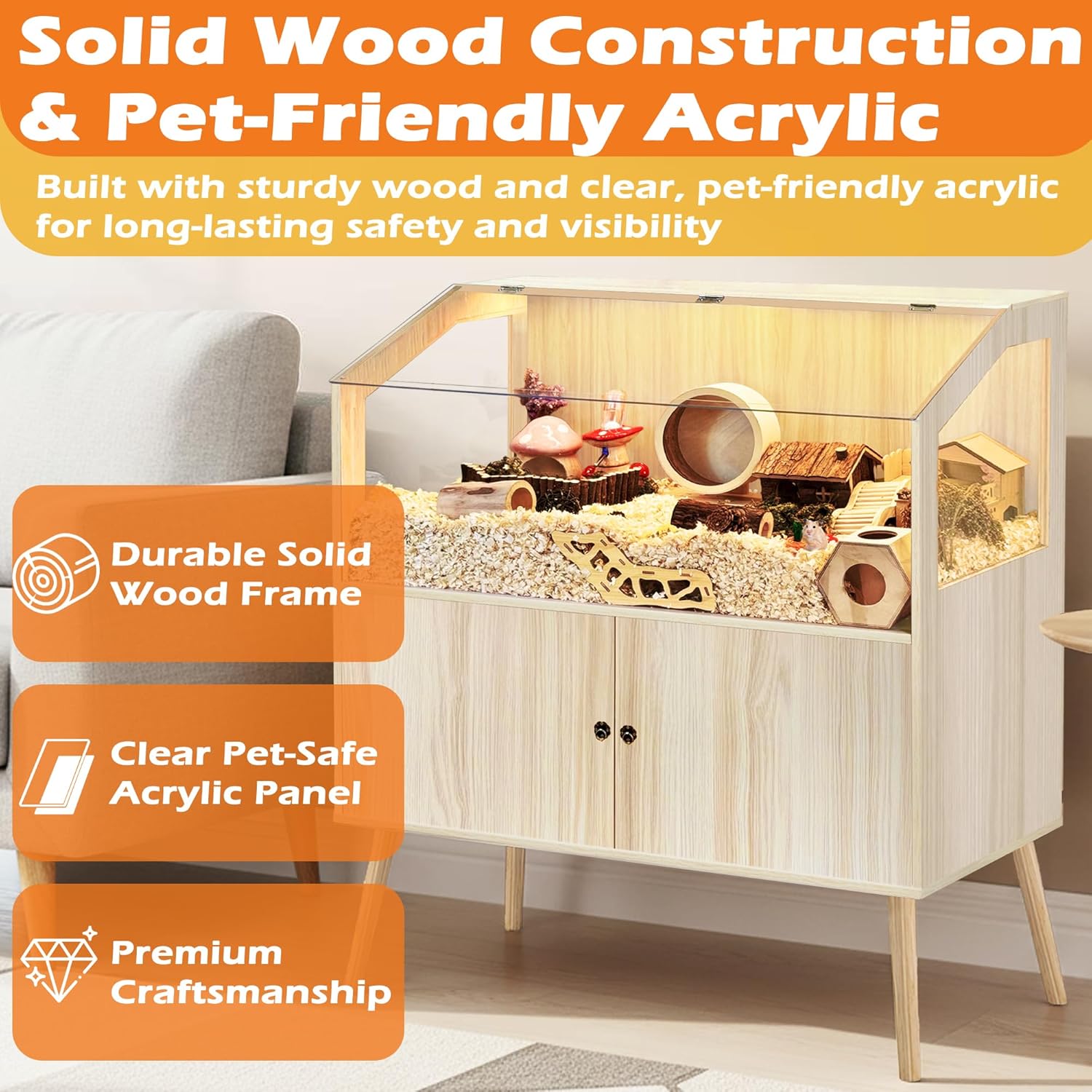 PROLEE Hamster Cage with Storage Cabinet,Large Hamster Encloure Chew Proof Wood,Clear View Hamster Habitat for Guinea Pig, Ferret, Rat, Hedgehog, 40" L x 20" W x 47" H (Oak)