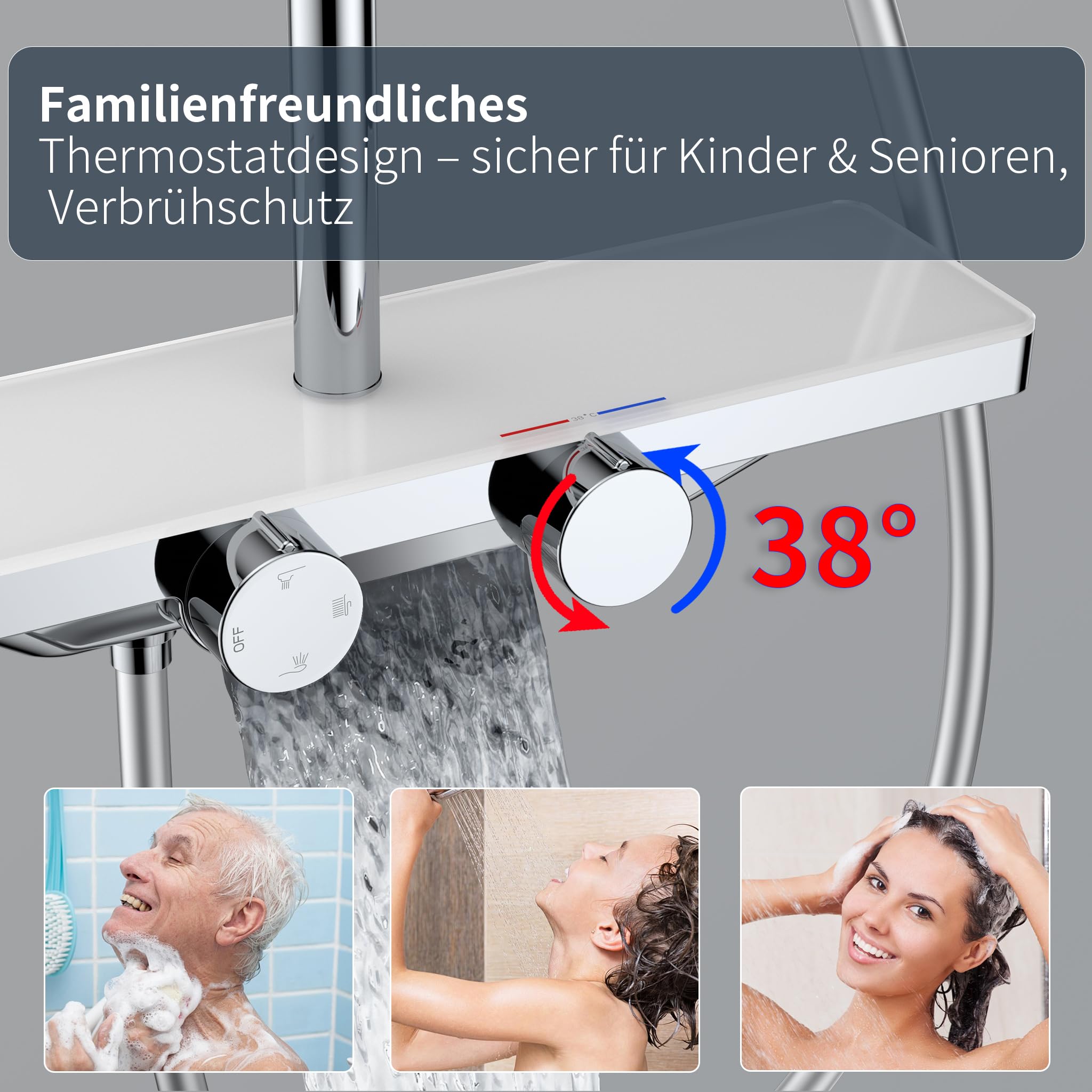 HOMELODY Duschsystem mit Thermostat und Glasablage Chrom - Duscharmatur Komplettset mit 30cm, Handbrause 3 Strahlarten und Unterer Auslauf - Duschset Regendusche mit Armatur