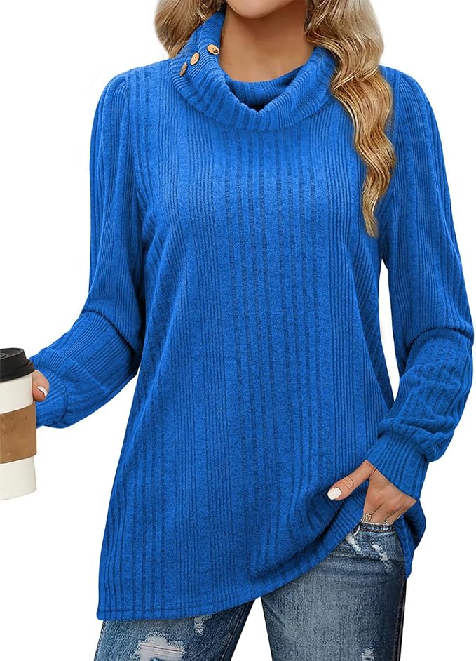 Bulotus Women's Turtleneck Tunic Sweaters Long Sleeve Ribbed Knit Comfy Loose Casual Fall Sweater