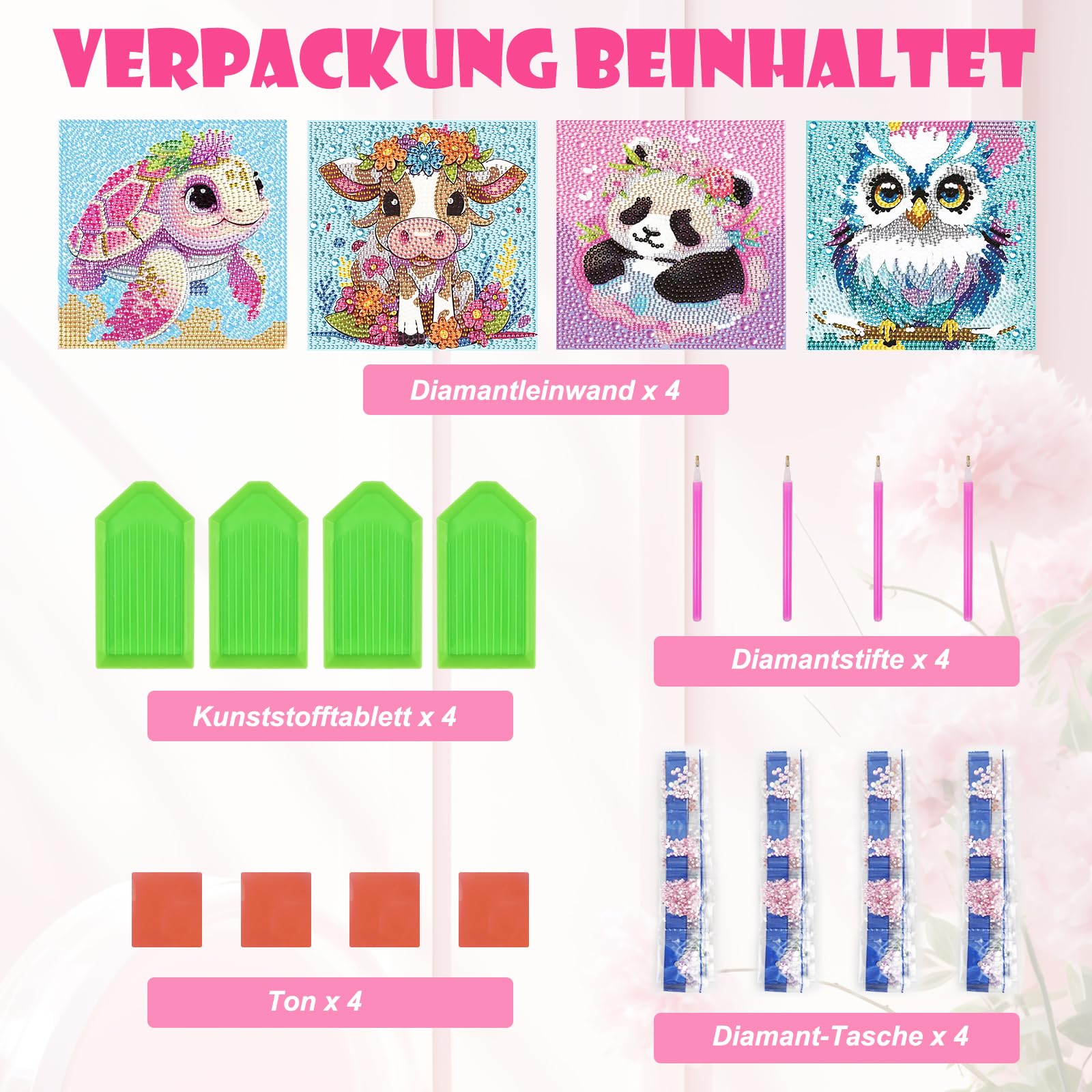 4 Stück Diamond Painting Set Für Kinder – 15x15 Cm, 5D Tiermotive Zum Basteln