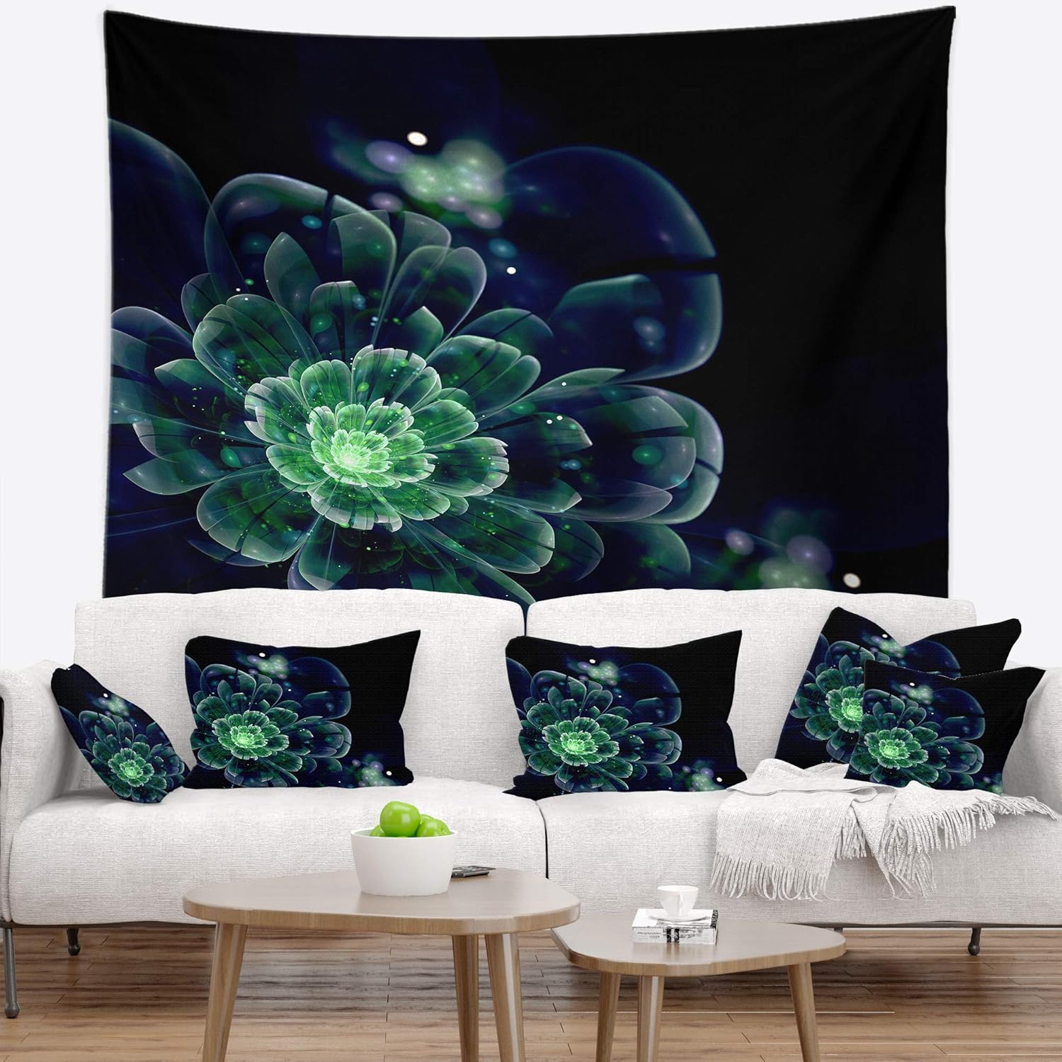Designart ' Green Abstract Fractal Flower' Floral Tapestry Blanket Décor Wall Art for Home and Office Medium: 32 in. x 39 in