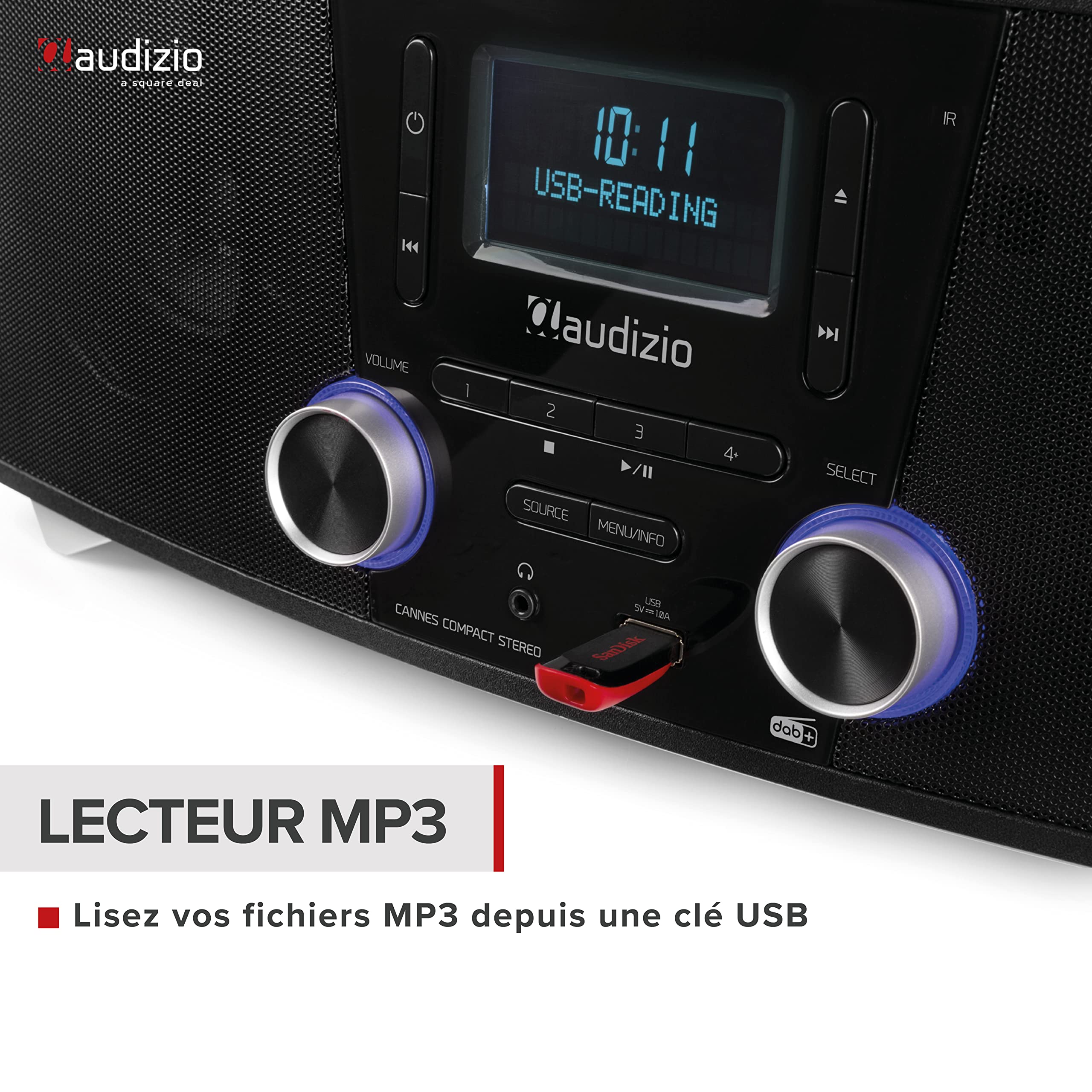 Audizio Cannes Radio Dab+ et FM, Bluetooth, Lecteur CD, Radio Réveil, Port USB, Haut-Parleurs Intégrés, Télécommande, Idéale pour Écouter la Radio et Votre Musique à la Maison
