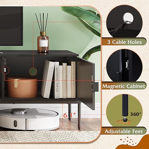 Miniatura 4 de WLIVE Soporte de TV para TV de 65 pulgadas, centro de entretenimiento moderno de mediados de siglo con 2 gabinetes de almacenamiento y estante