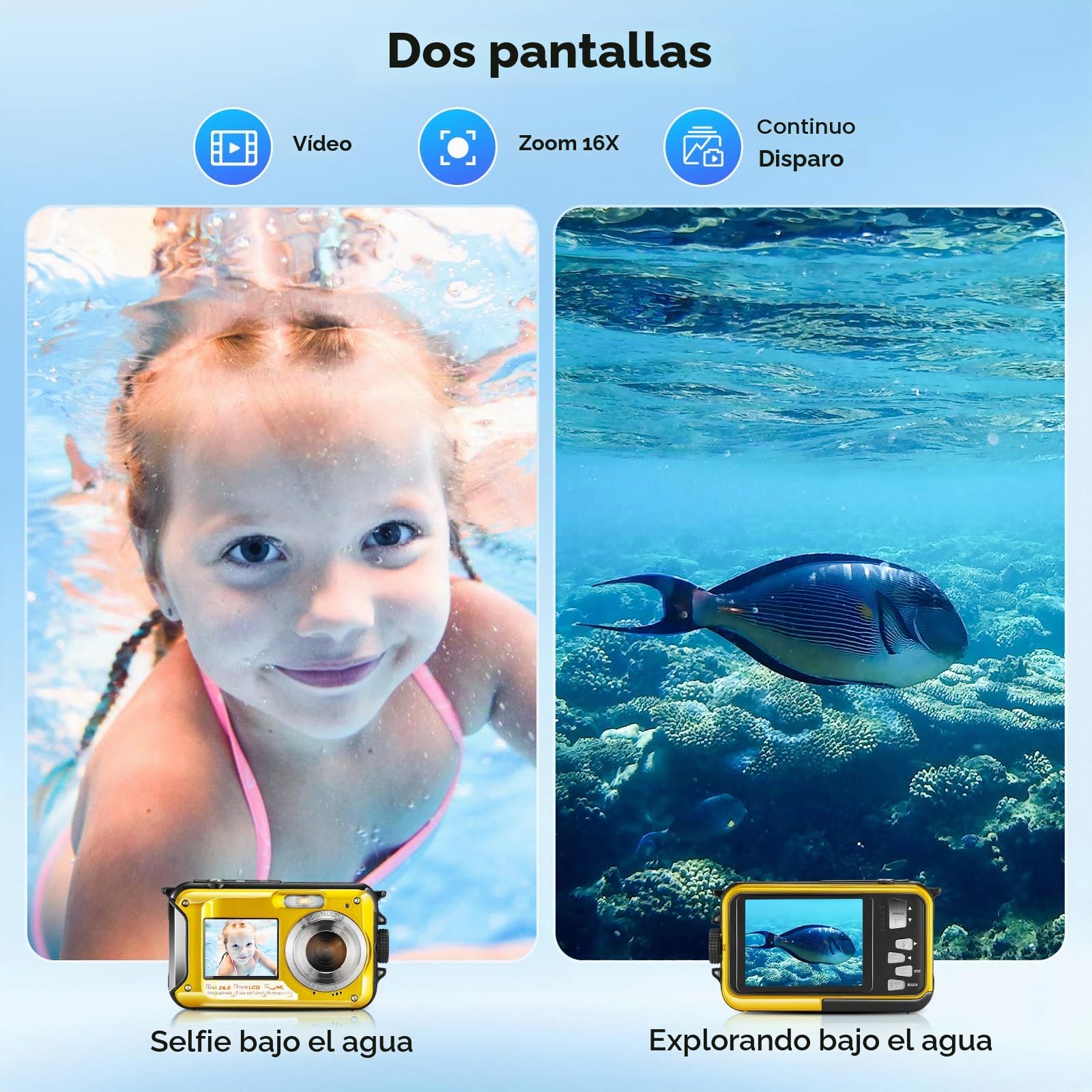 Cámara submarina Full HD 2,7 K 48 MP, impermeable, cámara digital con LED anti sacudidas (amarillo)