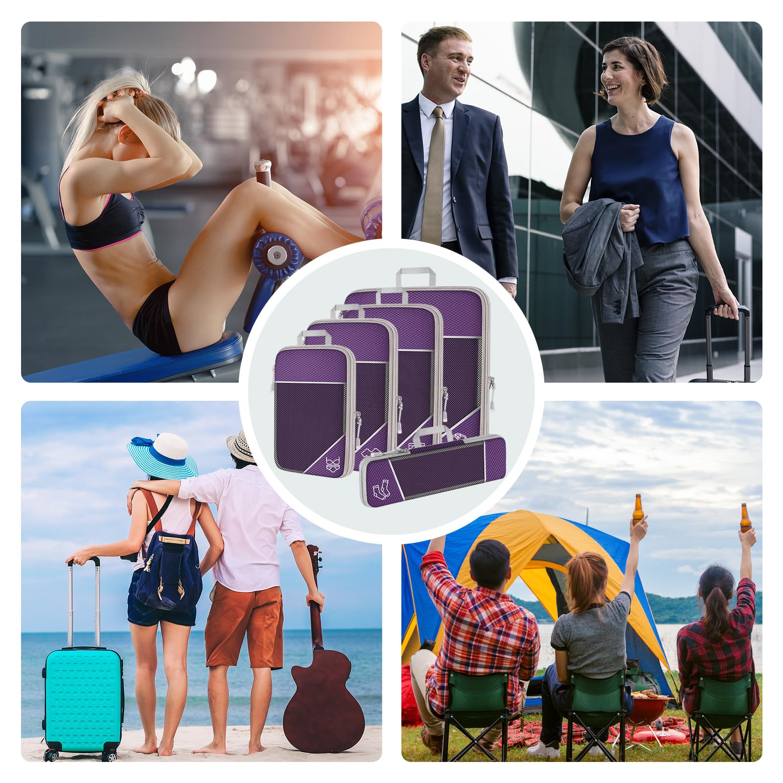 NiHome Set di 7 cubi a compressione espandibile, in rete, organizer per bagagli con cavo elettronico, caricabatterie, organizer con coulisse, per viaggi, casa, accessori da viaggio (viola)