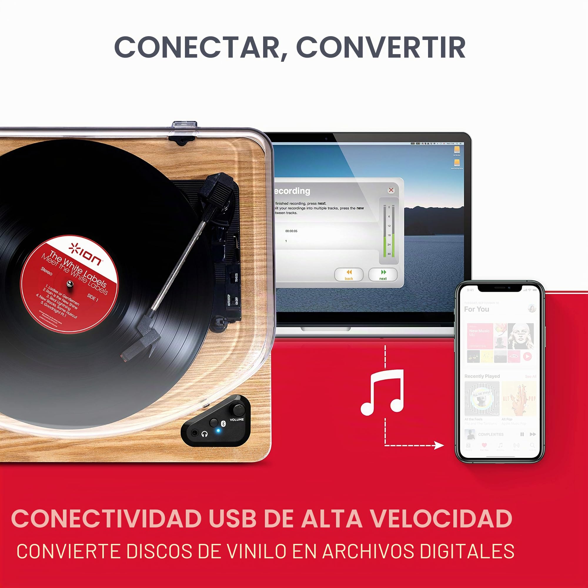 ION Audio Air LP Wood - Tocadiscos de Vinilo Bluetooth - reproducción inalámbrica y conversión de Discos de 3 velocidades - 33 1/3, 45 y 78 RPM, Acabado Madera