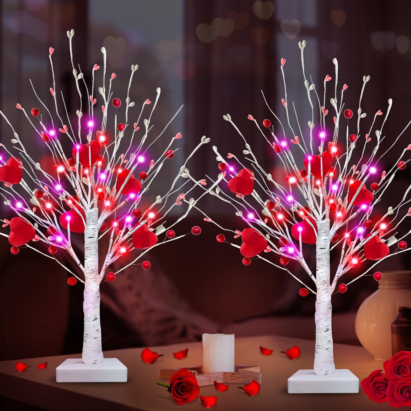 Photo 1 of ** only one* Valentines Day Decorations, Prelit Timer 2Pack Lighted Birches Valentines Tree with 12 Heart-Shaped 48 Red Berries, Battery Operated Artificial Tree 24 Red&Pink Lights Home Table Valentines Day Decor
