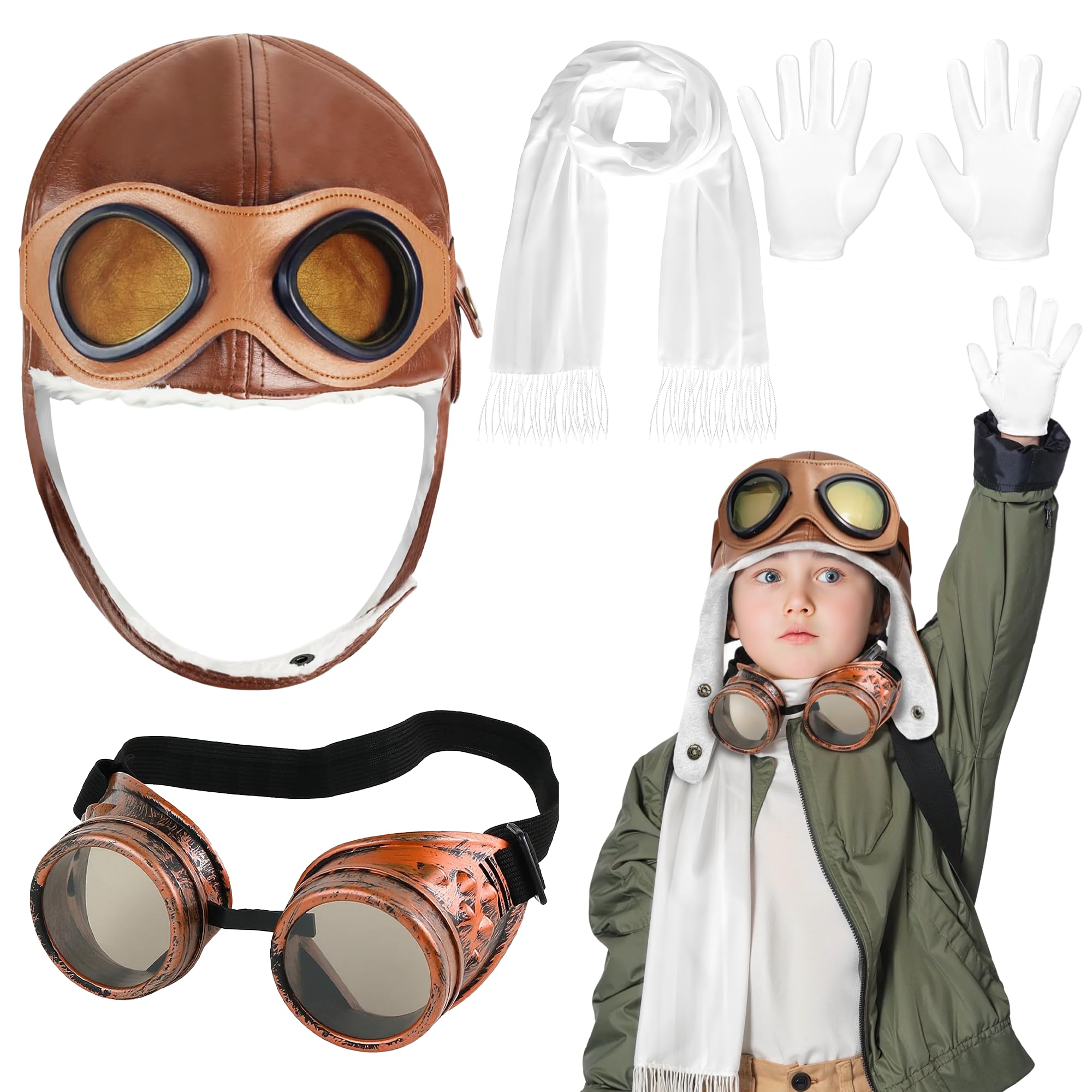 Bryndo 4 Pcs Airline Pilot Costume Set for Kids Pilot Hat Steampunk Goggles Fancy Dress Set including White Scarf Gloves Kids Aviator Costuem Accessories for Party Dress Up