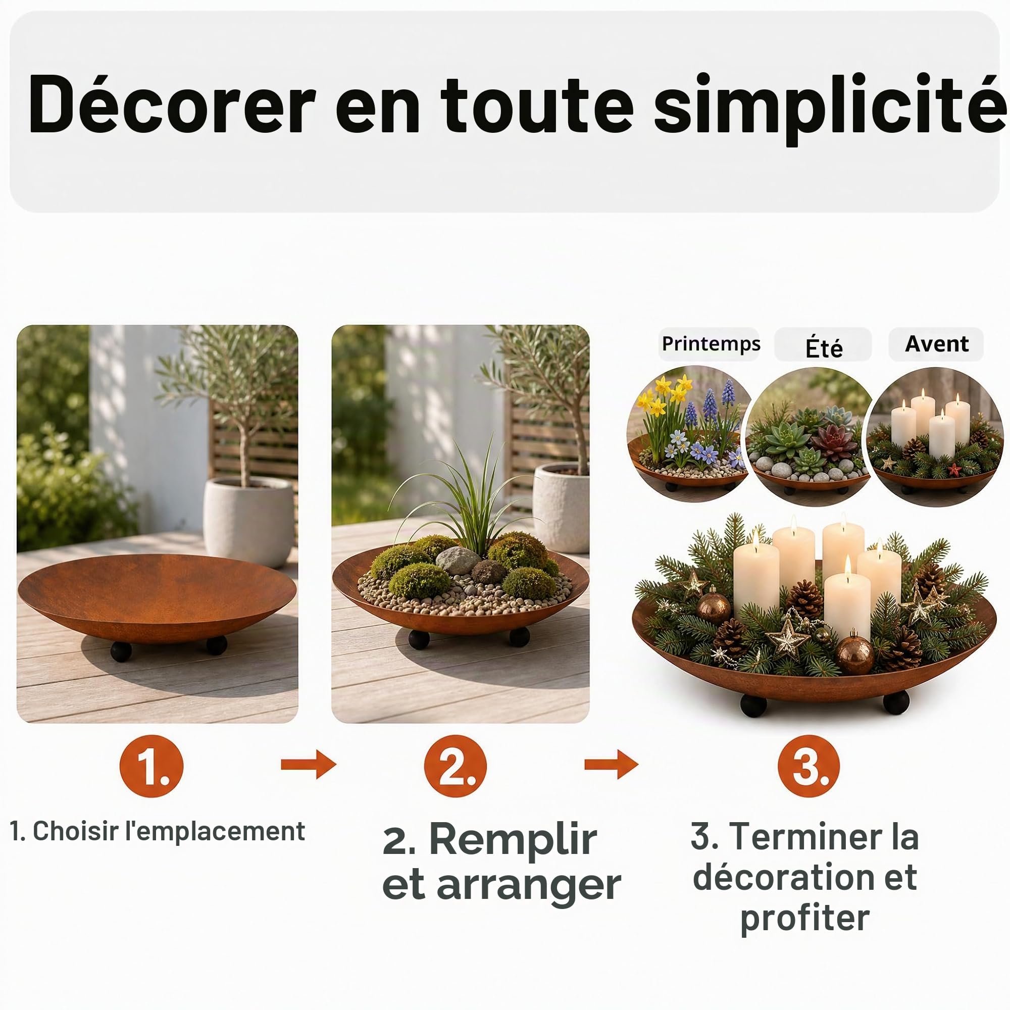 Bol en métal, patine, 50 x 9 cm, décoration de jardin rustique et rouille, accessoire de décoration rond pour jardin, balcon et terrasse, taille M
