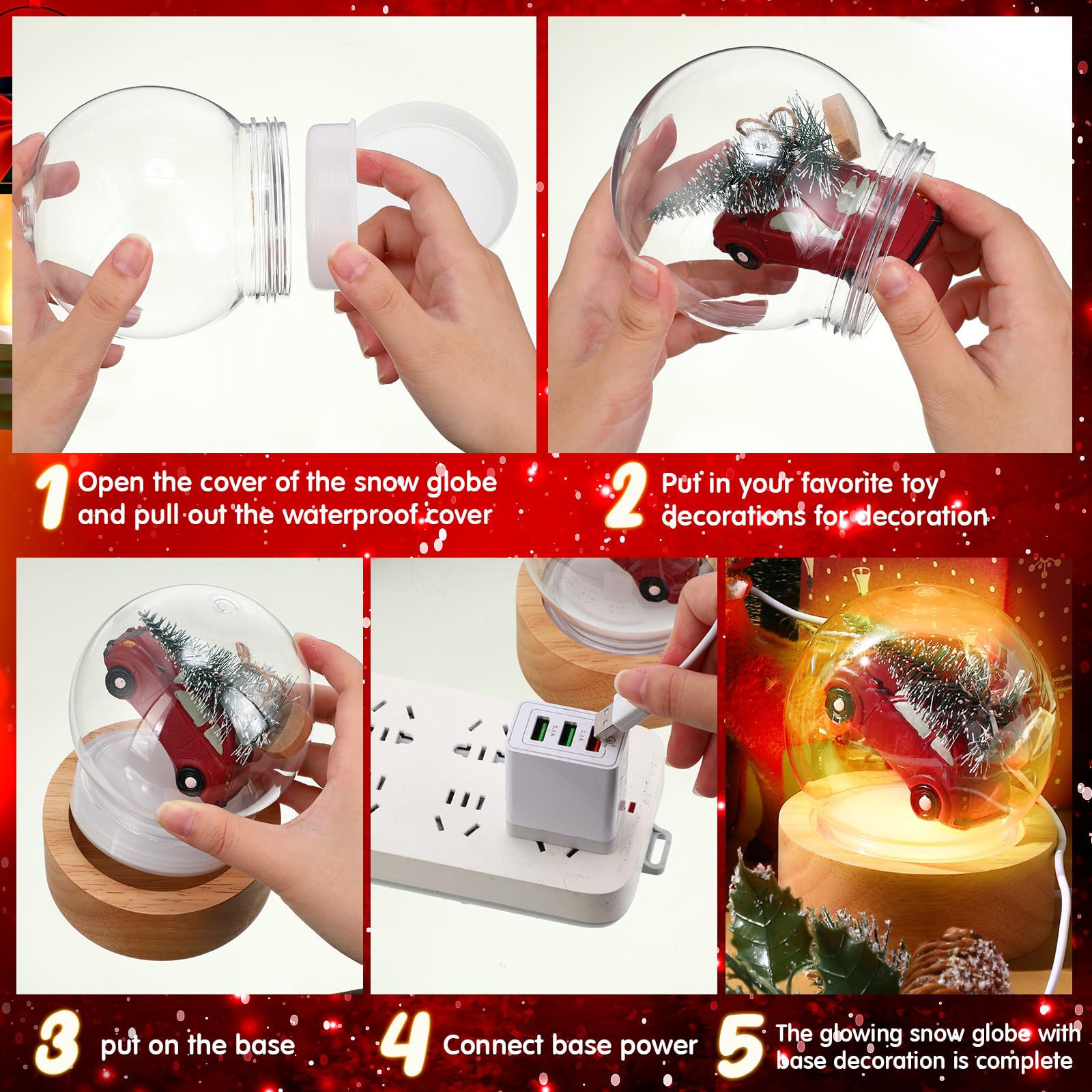 Irenare Kit di 12 sfere di neve fai da te, 6 sfere di neve con 6 luci a LED, base in legno trasparente, cupola in plastica trasparente, per decorazioni natalizie, souvenir, piante, terrario (base in