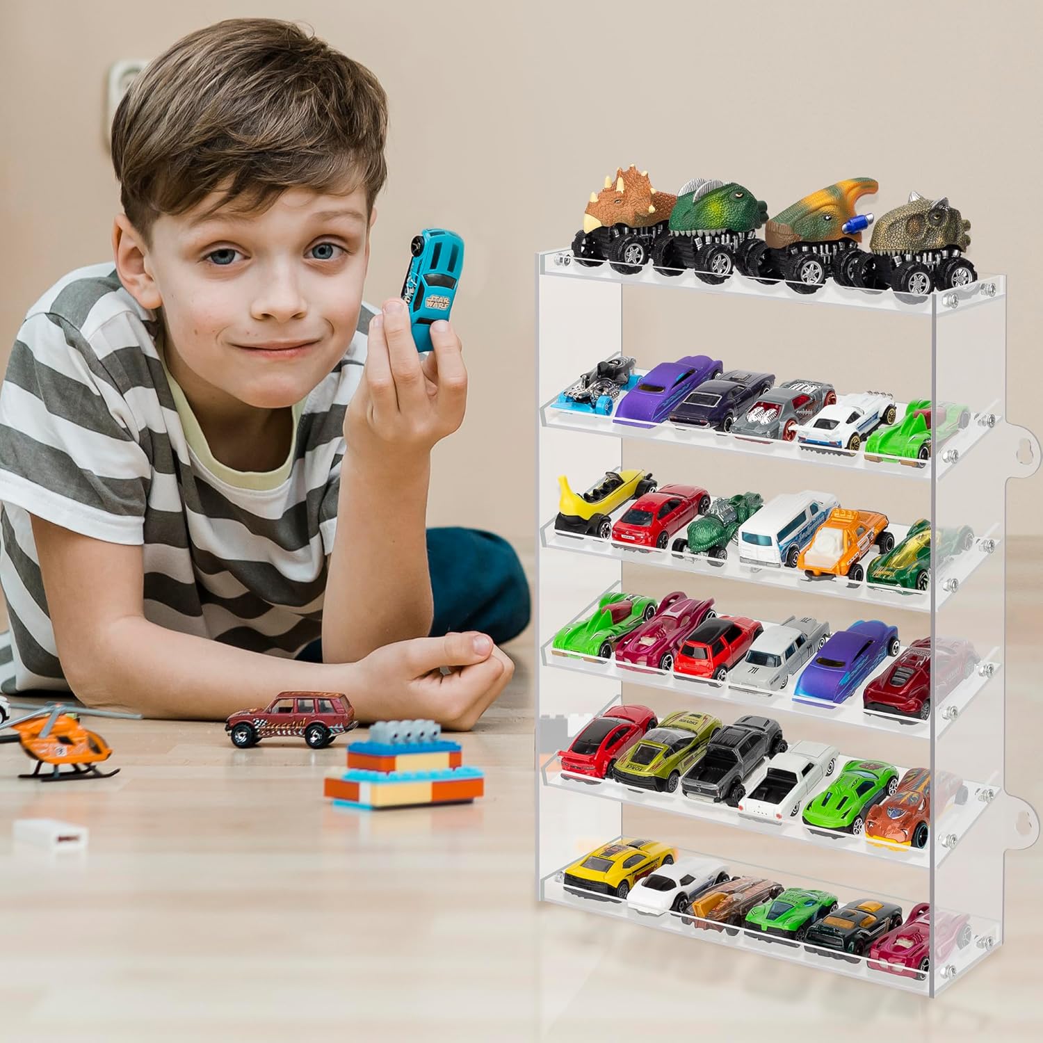 KISLANE Transparent Acrylic Display Case for Hot Wheels & Matchbox Cars, 6 Tiers Matchbox Cars Display Case, Sturdy Assembly Storage Case Display of 48 Hot Wheels Matchbox Cars (6- Tiers)
