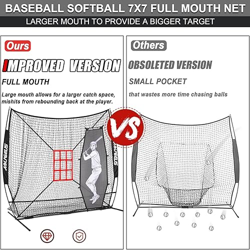 Miniatura 3 de Red de práctica de sóftbol de béisbol de 7 x 7 pies, red de lanzamiento, red de bateo, con sistema de recolección de pelotas grandes, kit