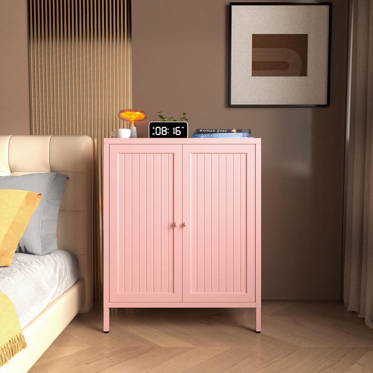 Metal Storage Cabinet, Metal Sideboard Cabinets with 1 Adjustable Shelves & Double Doors, Modern Storage Freestanding Organizer Cabinet for Living Room, Home Office, Dining Room, Pink