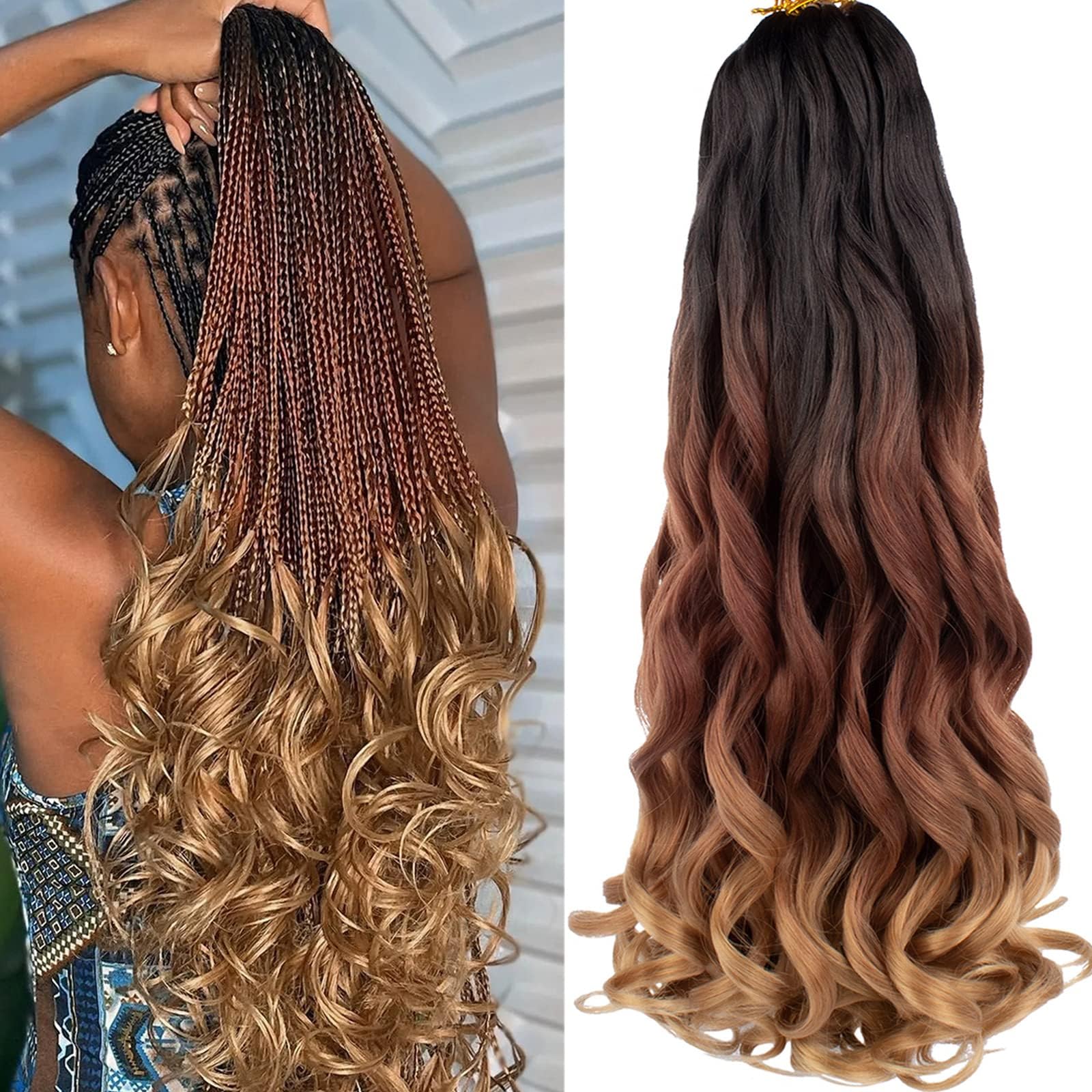 COOKOO 9 Packs 22 Inch French Curls Crochet Hair Pre-Stretched Loose Wave Braiding Hair Ombre 3 Tones Loose Curly Braids Precurled Braids Hair Extentions for BOHO Box Braids 1B/30/27#