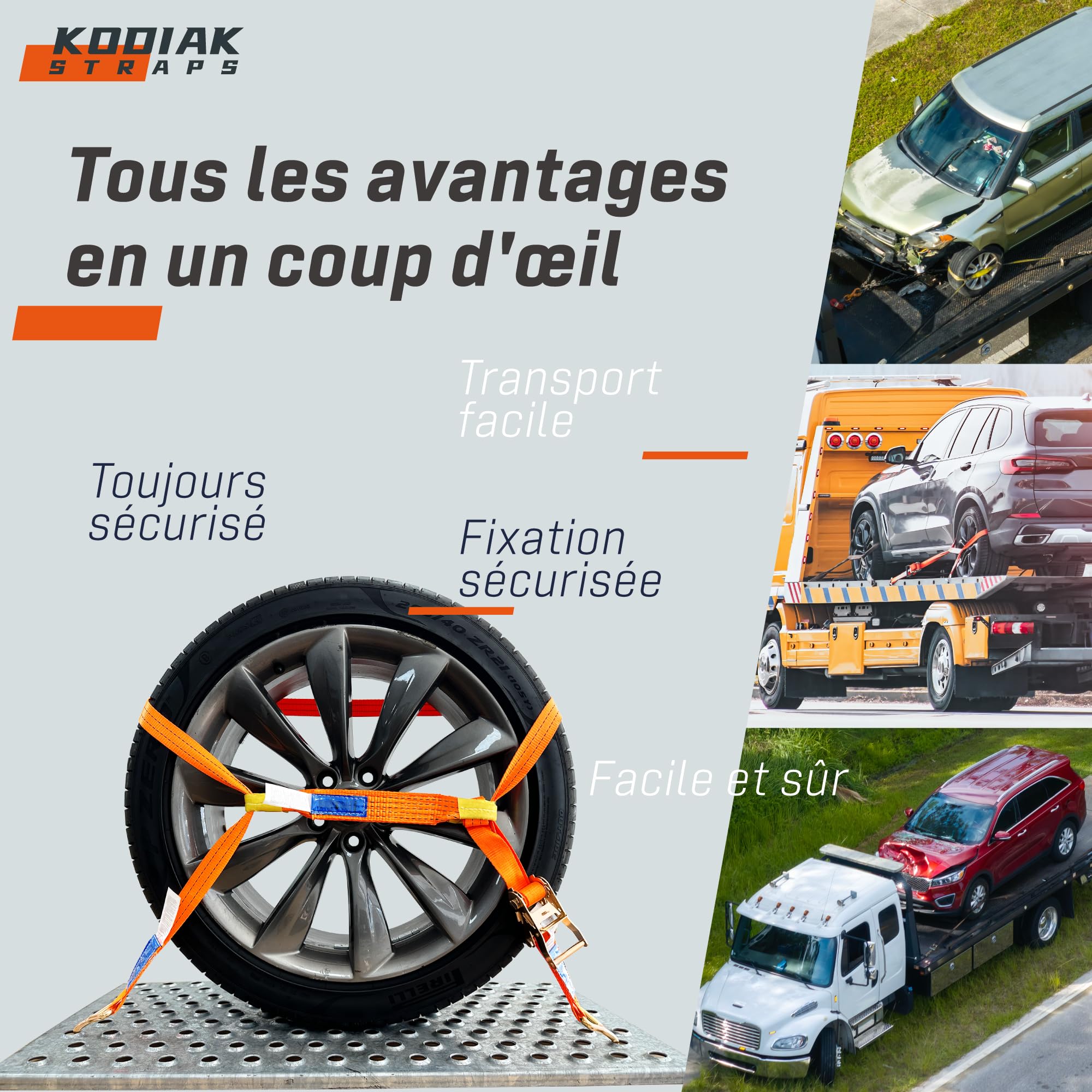 4 Lots de Sangles à Cliquet pour Transport de Véhicules | Largeur 35 mm 2000 daN | Sangles de Sécurité pour Roues, Voitures, Remorques et Poids Lourds - Certifié TÜV/GS DIN en 12195-2 - KODIAK STRAPS