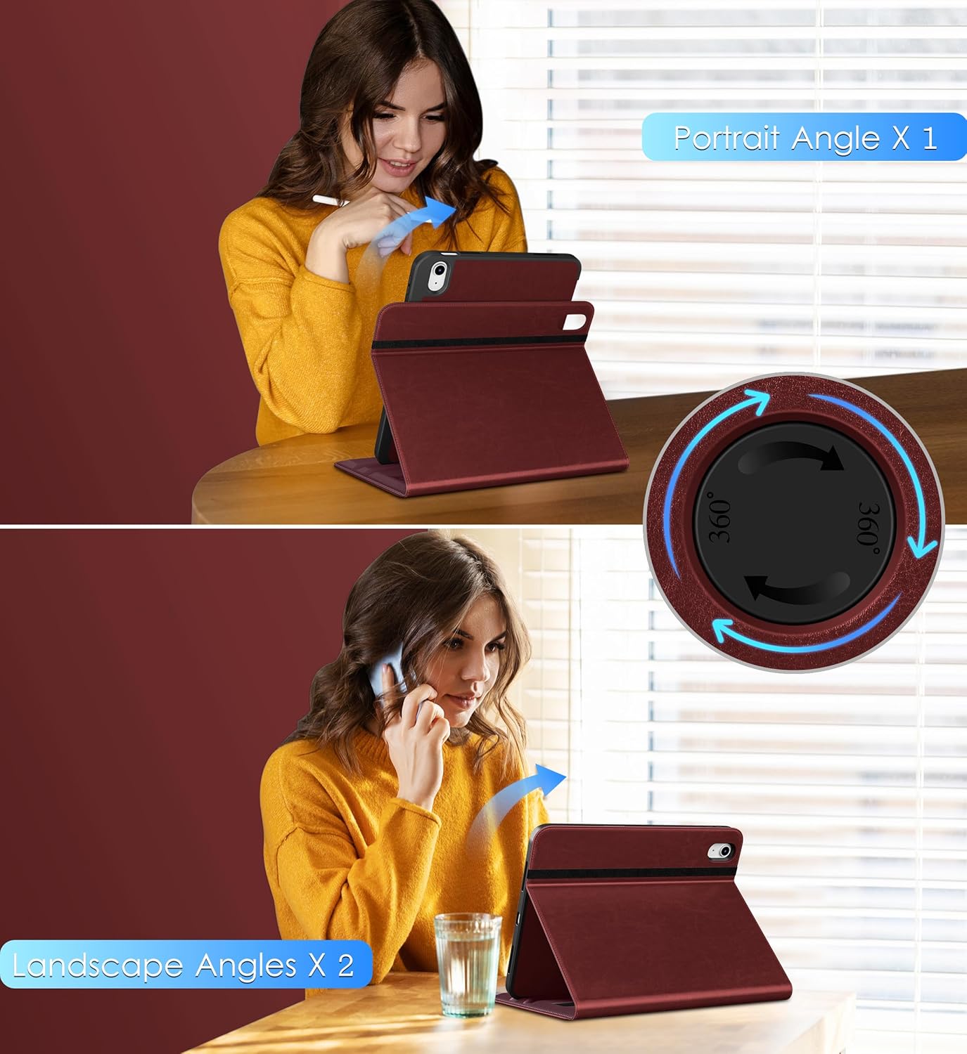 DTTO Rotating Case for iPad (A16) 11th Generation 11 Inch 2025, iPad 10th Generation 10.9 Inch 2022, 360 Degree Swiveling Premium Leather Folio Stand Cover with Pencil Holder, Burgundy Red