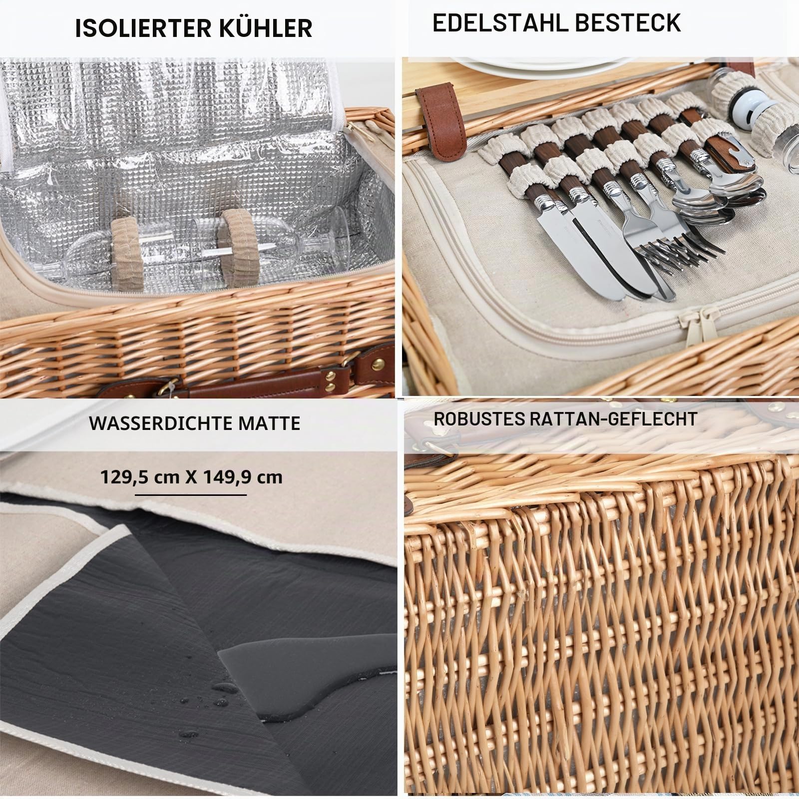 Multifunktionales Picknickkorb-Set aus Weidengeflecht für 4 Personen mit Decke und Picknicktisch, isoliertes Picknick-Set mit vollem Geschirr für Camping, Outdoor-Paare, Natur