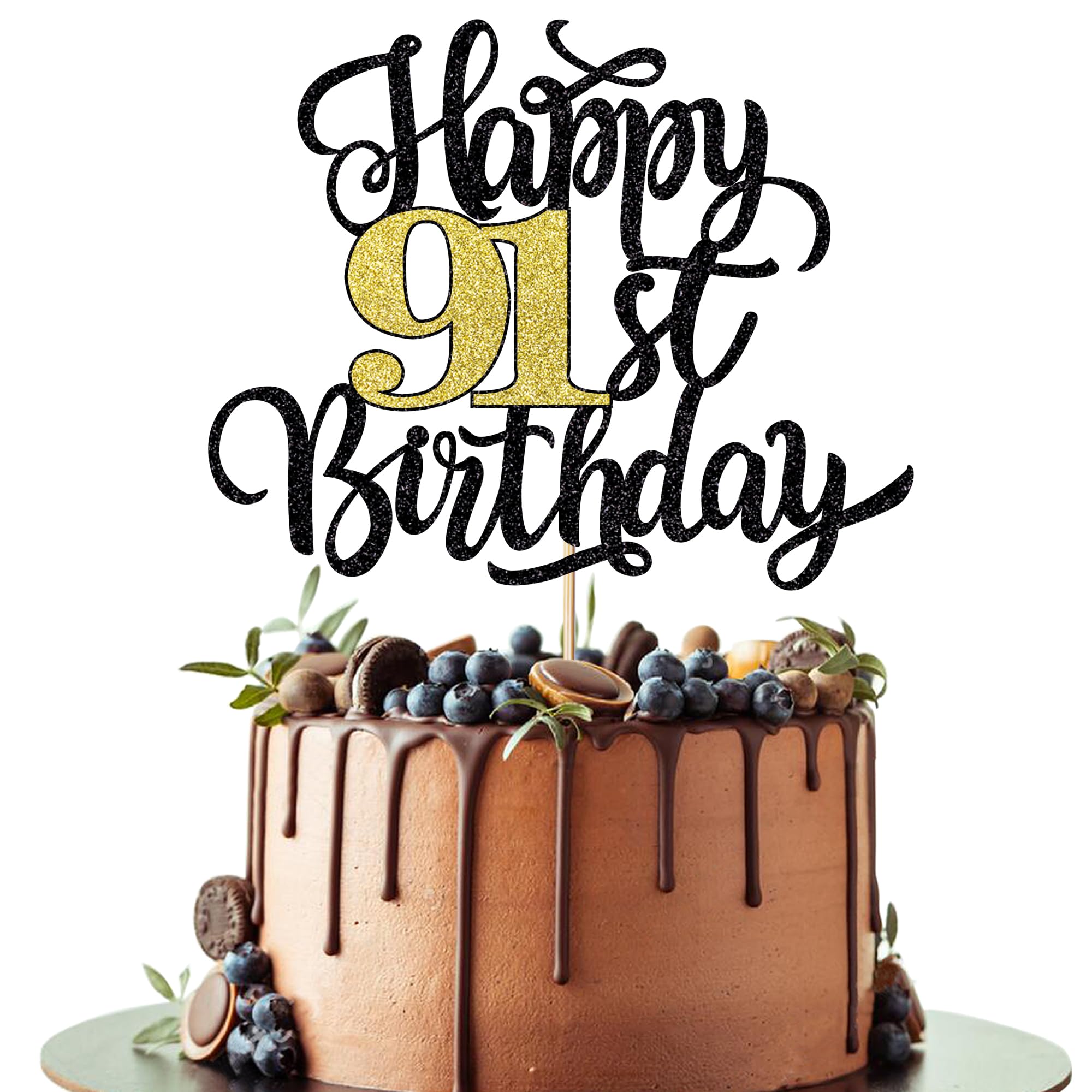 Leetaivie Happy 91st Birthday Cake Topper, Black Gold Glitter Birthday Cake Topper, 91st Anniversary/Ninety-one Birthday Party Cake Decoration