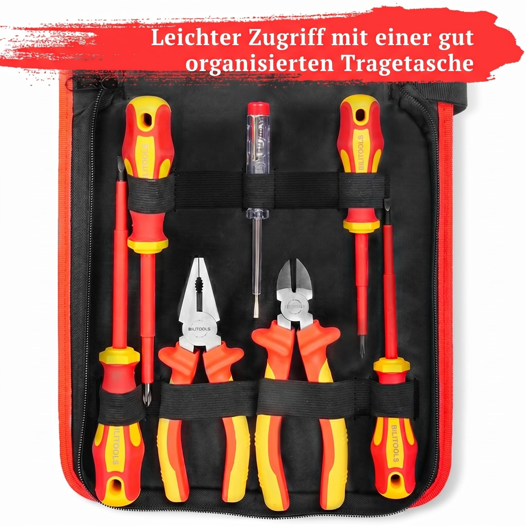 BILITOOLS Elektriker Werkzeug Set 7-tlg 1000V VDE Schraubendreher Zangen | Elektro Werkzeug Set 1000V isoliert, magnetische VDE Schraubenzieher Kreuz/Schlitz, Kombinationszange & Seitenschneider, GS