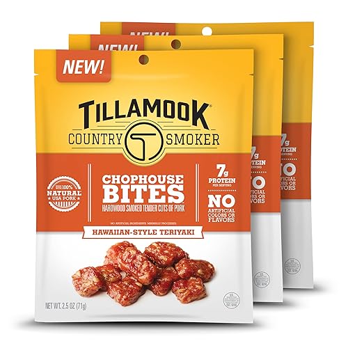 Tillamook - Bocadillos de cerdo, bocadillos de chophouse de ahumador campestre, cortes tiernos teriyaki de estilo hawaiano, aperitivo de proteínas