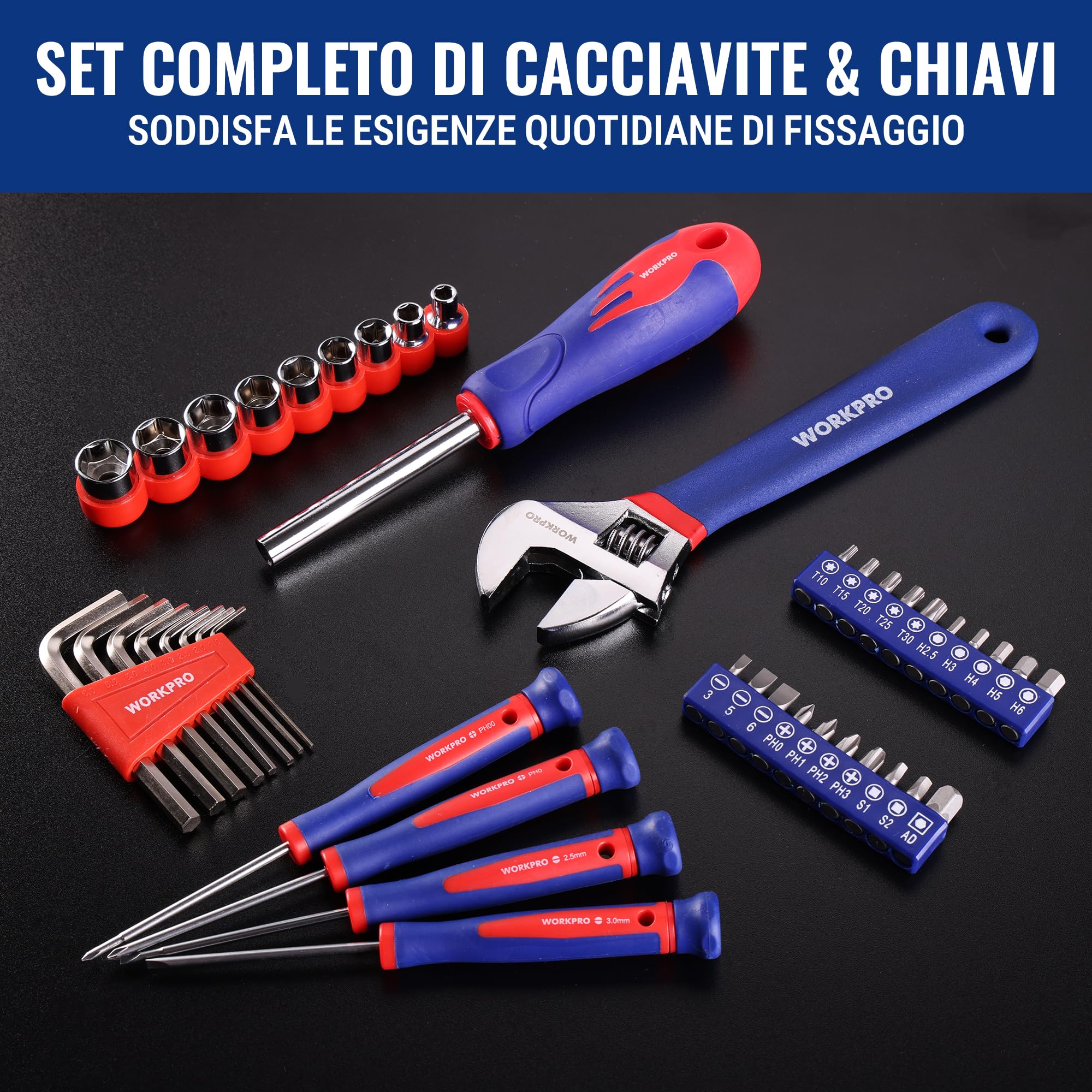 WORKPRO Set Porta Attrezzi Uso Domestico Riparazione 100 Pezzi Utensili per Officina e Lavoro con Pinza, Coltello, Cacciavite, Chiavi a Bussola, Livella, Metro in Cassetta