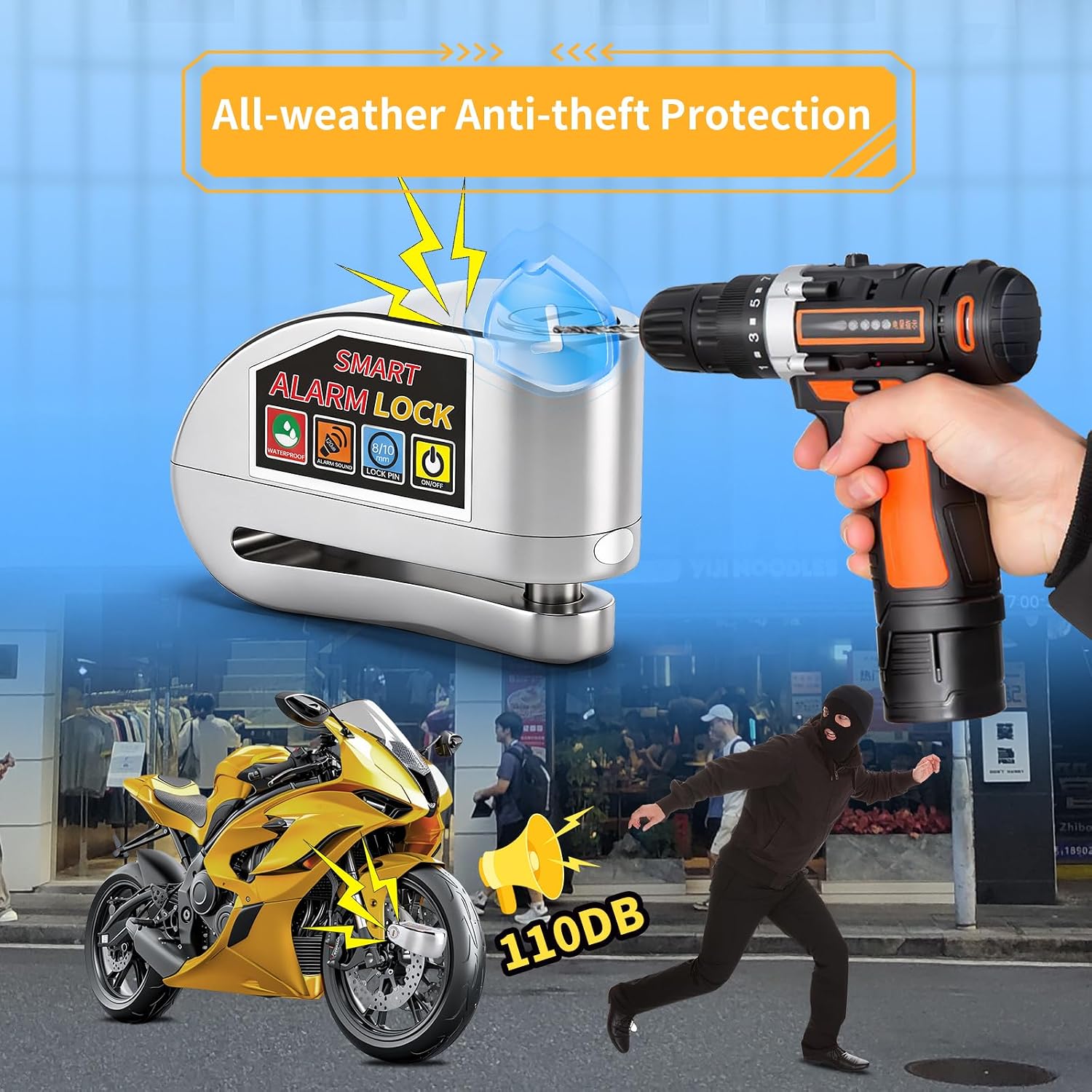 Anti-Theft and Alarm 110db Motorcycle Lock Fit for Motorcycle E-Bike Bicycle Scooter, 110db Alarm Disc Brake Lock, Waterproof Anti-Theft Aluminium Alloy Material with Two Keys (Silver)