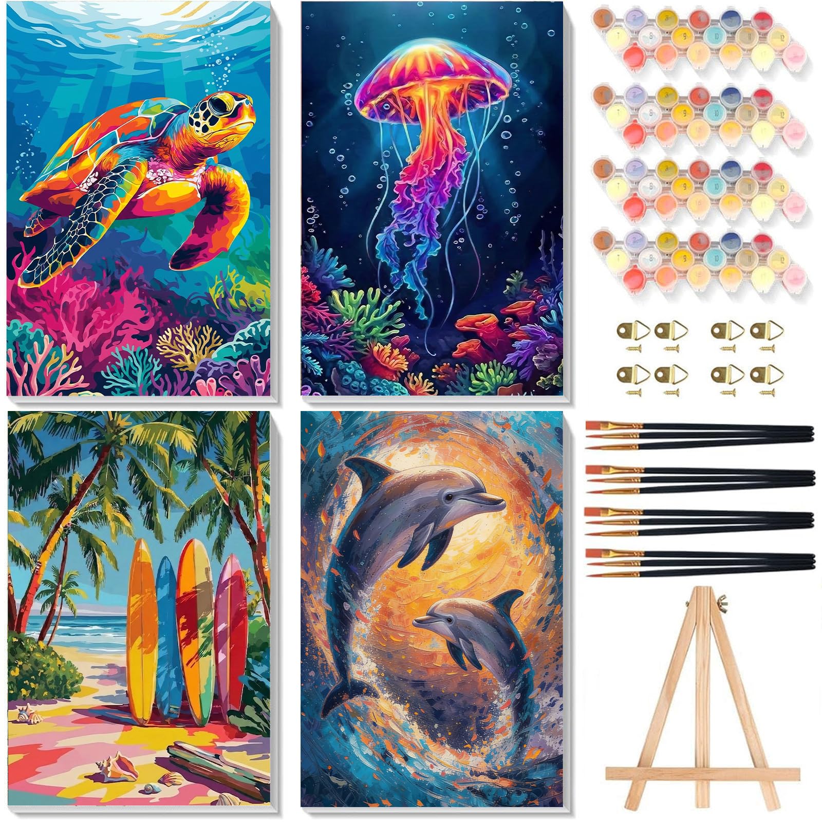 4 Pack Paint by Numbers for Adults with Framed Canvas & Wooden Easel, Beach Adult Painting by Number Kit on Canvas, DIY Sea Turtle Acrylic Oil Painting Kits with Brushes for Home Wall Decor 8x12 inch — image 1