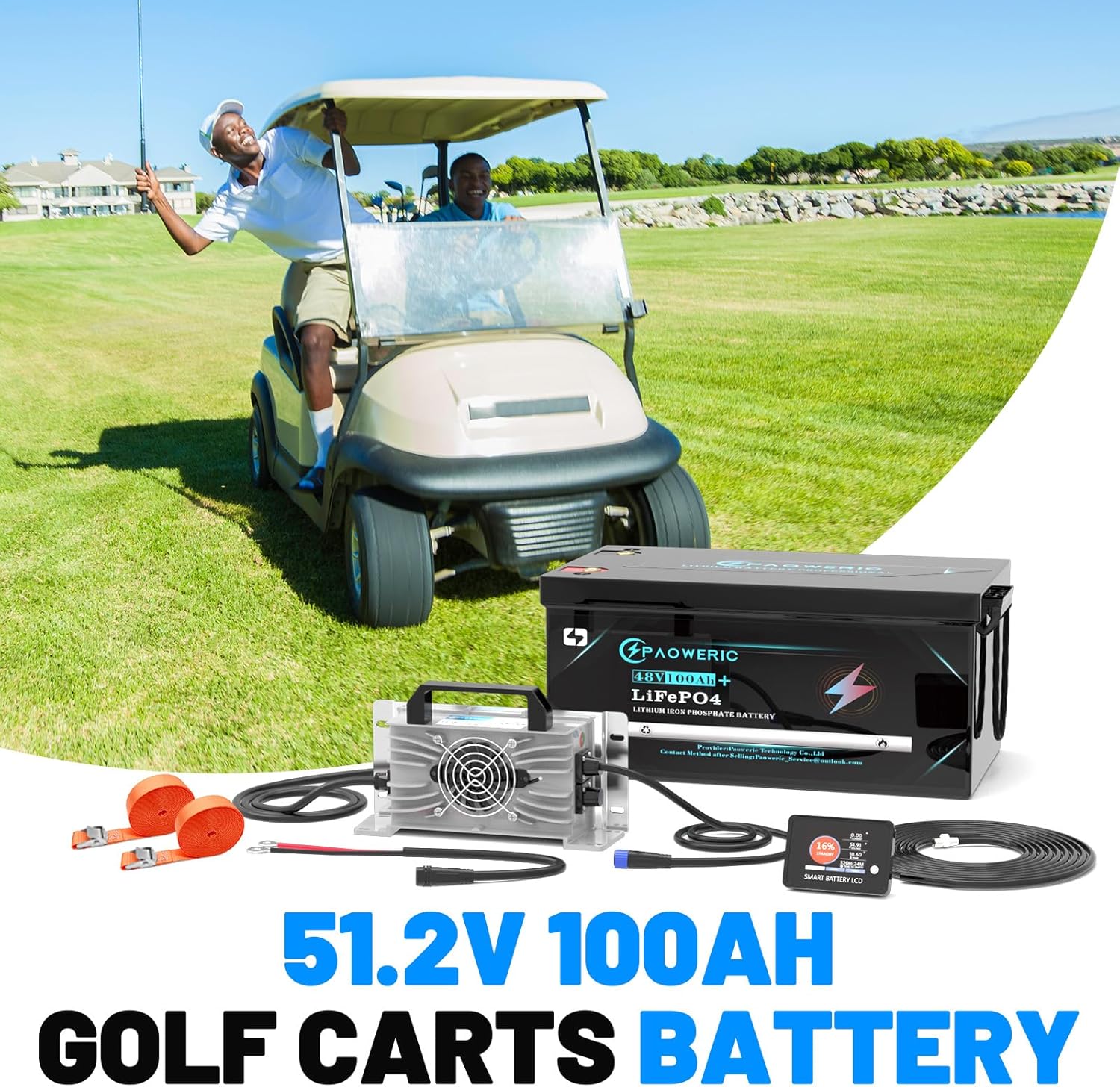 48V 100Ah Golf Cart LiFePO4 Battery, 10240W Output, 200A BMS, Perfect for Golf Cart, RV, Off Grid