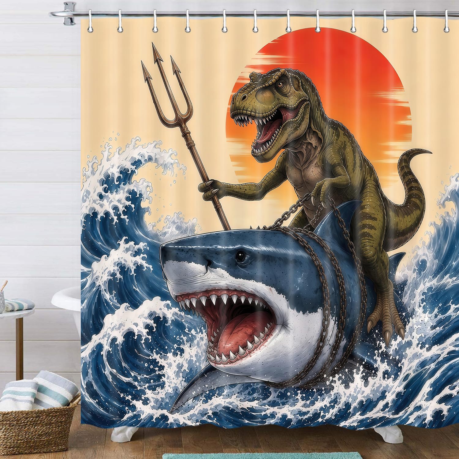 Boziqr Funny Dinosaur Shower Curtain, Cool Dinosaur Shark Ocean Wave Decor Fabric Bathroom Curtains, Fun Animals Fabric Bath Curtain with 12 Hooks 47 X 64 Inch