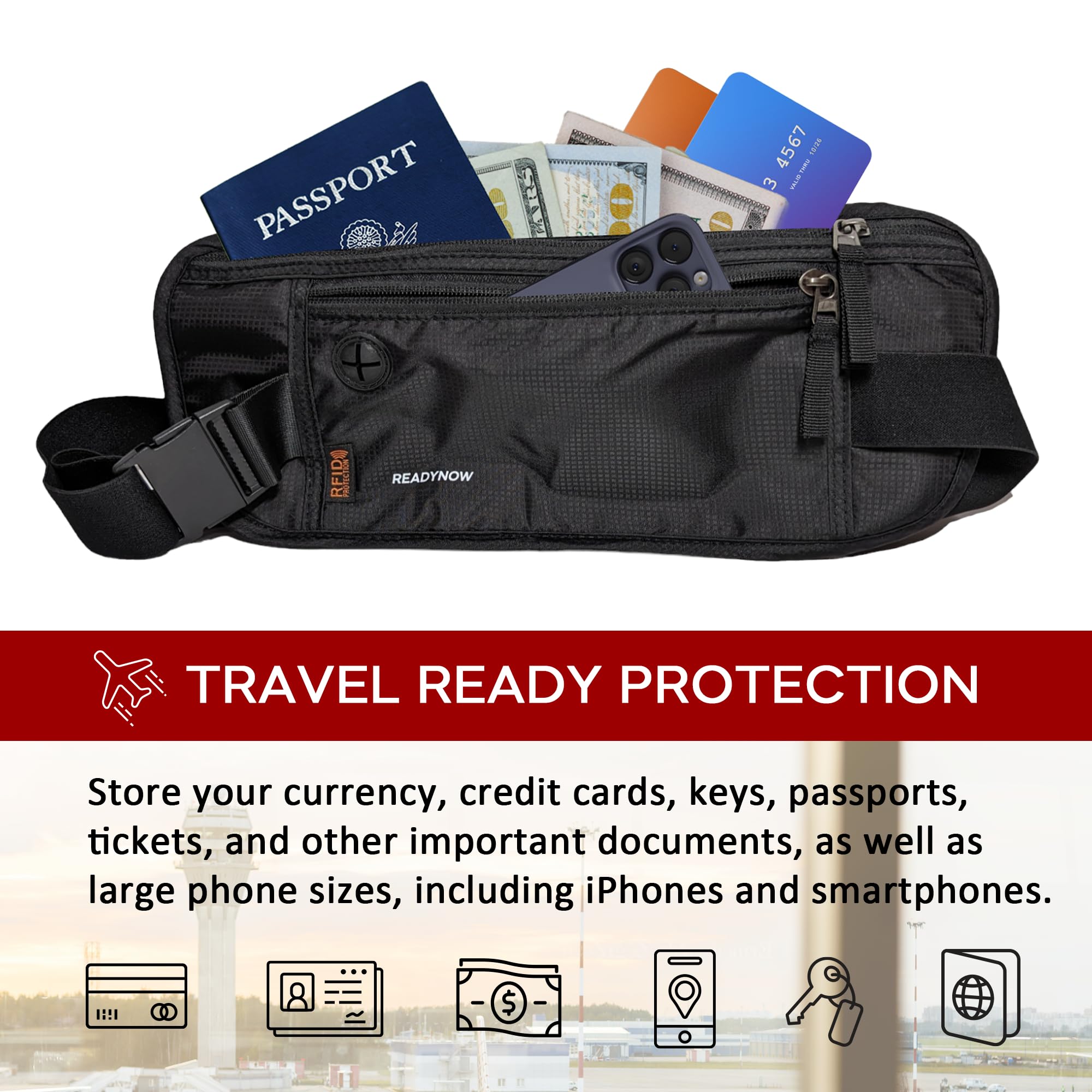 Cinturón de dinero de viaje con bloqueo RFID, bolsillo oculto para pasaporte para efectivo, teléfono, tarjetas de crédito y protección de documentos, 13.5 x 5.75 x 0.31 pulgadas