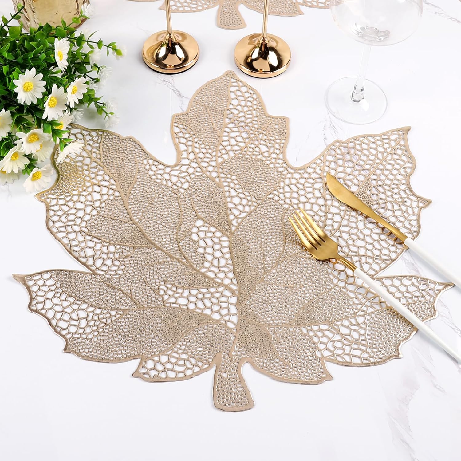 Gold Placemats Set of 8, Vinyl Table Mats Hollowed-Out Leaf Place Mats Dinner Table Decor Mats for Wedding Party Kitchen Decorations