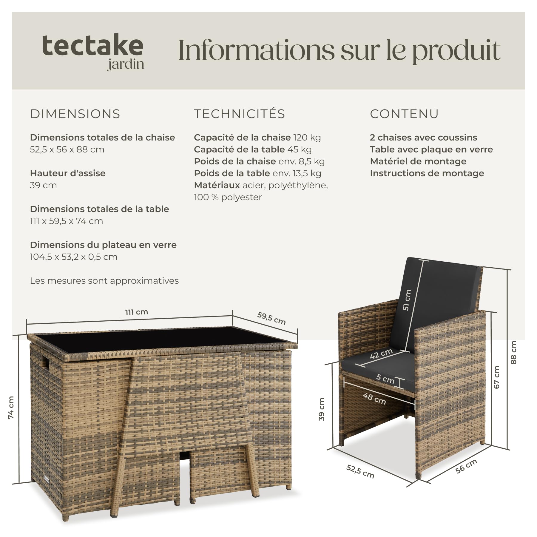 tectake® Ensemble Salon de Jardin encastrable en Poly Rotin 2 Personnes Ensemble Fauteuil Salon et Table de Jardin, Coussins Inclus, Mobilier de Jardin pour Amenagement Balcon Terrasse