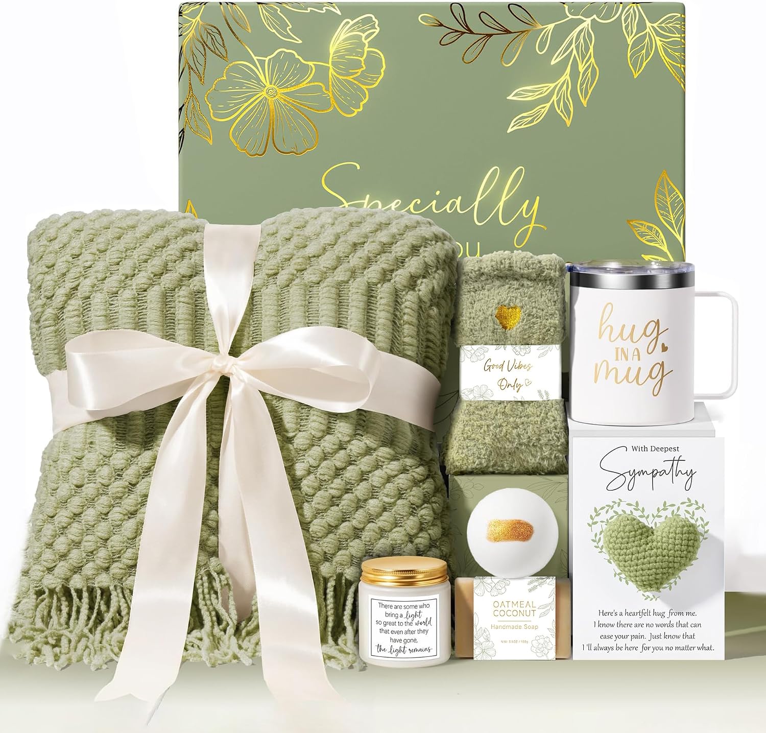 Sympathy Gift Box for Women - Sage Green 8pc Luxury Spa Care Package with Knitted Blanket, Insulated Tumbler & Scented Candle | Bereavement, Condolence, Thinking of You & Get Well Soon Comfort Hamper