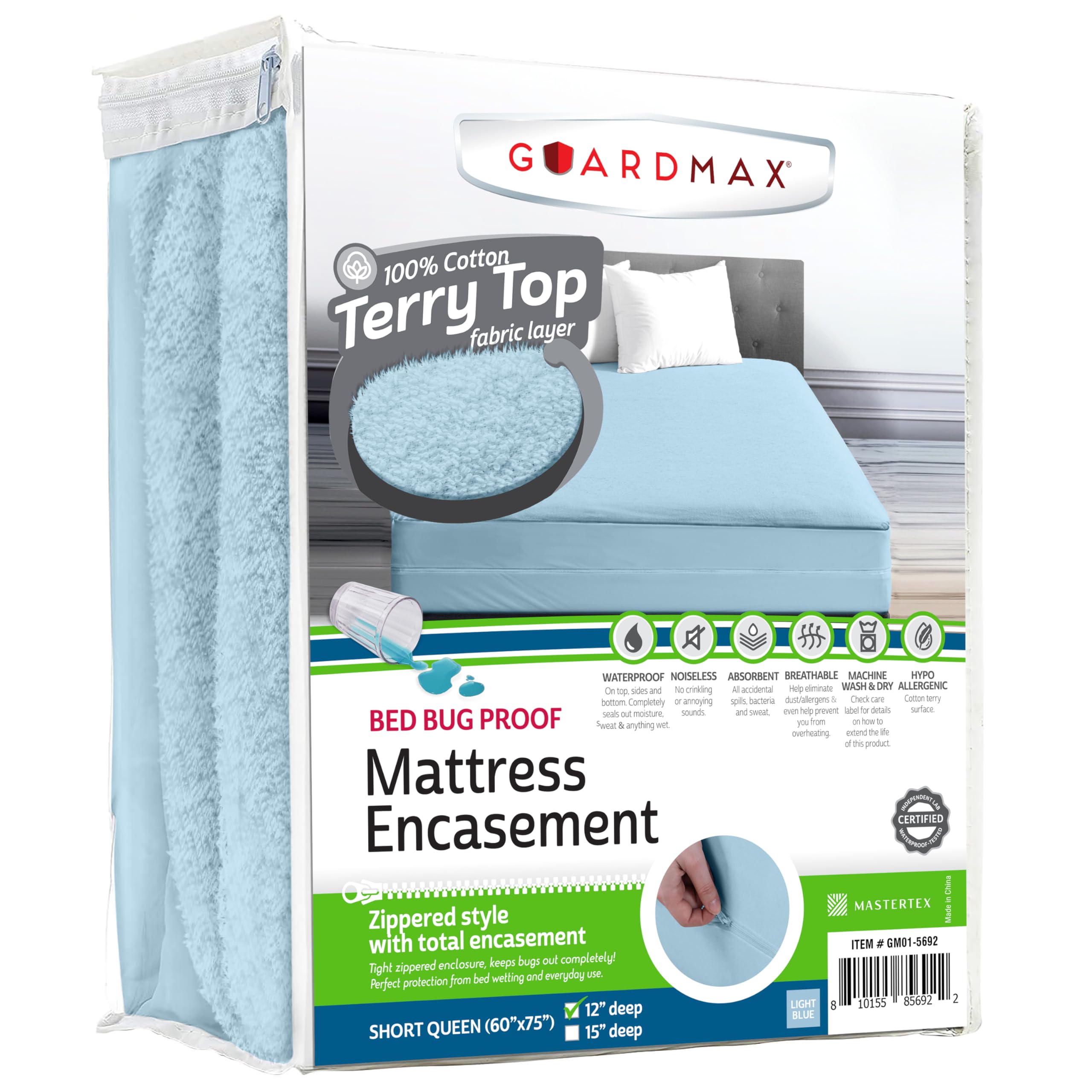 Guardmax Terry Cotton Zippered Mattress Encasement - Short Queen Size - 100% Waterproof and Bed Bug Proof Mattress Protector - Absorbent Six-Sided Mattress Cover (Terry Cotton, Short Queen)