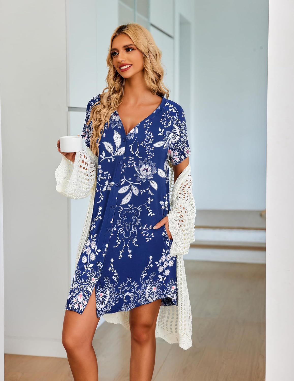 Ekouaer Women's Button Down Nightgown Short Sleeve Sleepshirt V Neck Night Shirt Soft Pajamas Dress with Pockets - Image 2