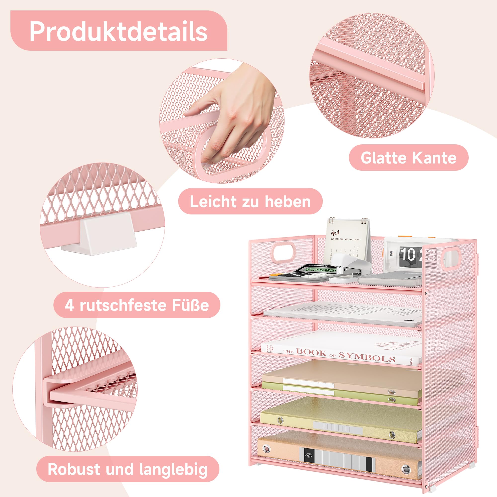 VITVITI Schreibtisch Organizer, 6 Ebenen Briefablage, Stapelbare Aktenhalter, Ablagefächer mit Griff, Bürobedarf für A4 Dokumentenablag, Papier, Buch, Magazin (Rosa)