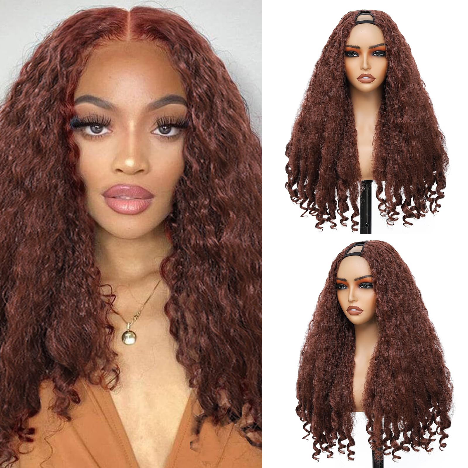 Yacurcur Afro Wig V Part Kinky Curly Wigs for Black Women 180% Density Wear and Go Glueless Wig with Unique Bouncy Curls in the End Synthetic Reddish Brown No Leave out Clip in 24 Inch(#33L)