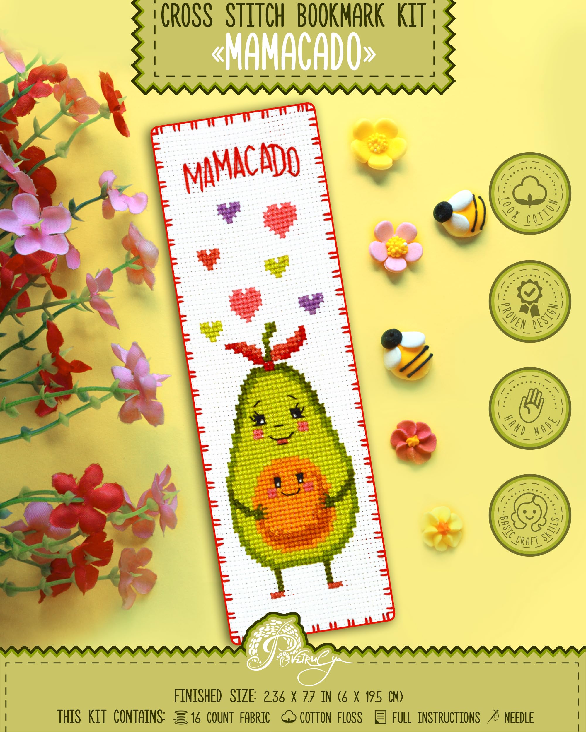 Povitrulya Multiclor Counted Cross Stitch Kit Mamacado - Embroidery Set For Diy Bookmark With 16 Count Blank Aida Fabric, Paper Pattern And Presorted Floss