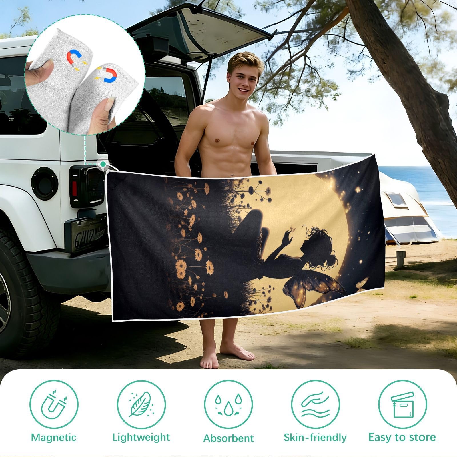 Grandes serviettes de plage avec sacs en maille pour adultes, fée avec papillons, serviette de bain avec fermeture magnétique, anti-sable, serviette absorbante à séchage rapide pour piscine