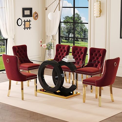 Miniatura 19 de Juego de mesa de comedor de cristal de 63 pulgadas para 6, juego de mesa de comedor moderno para 6, mesa de vidrio templado con patas negras en Mesa