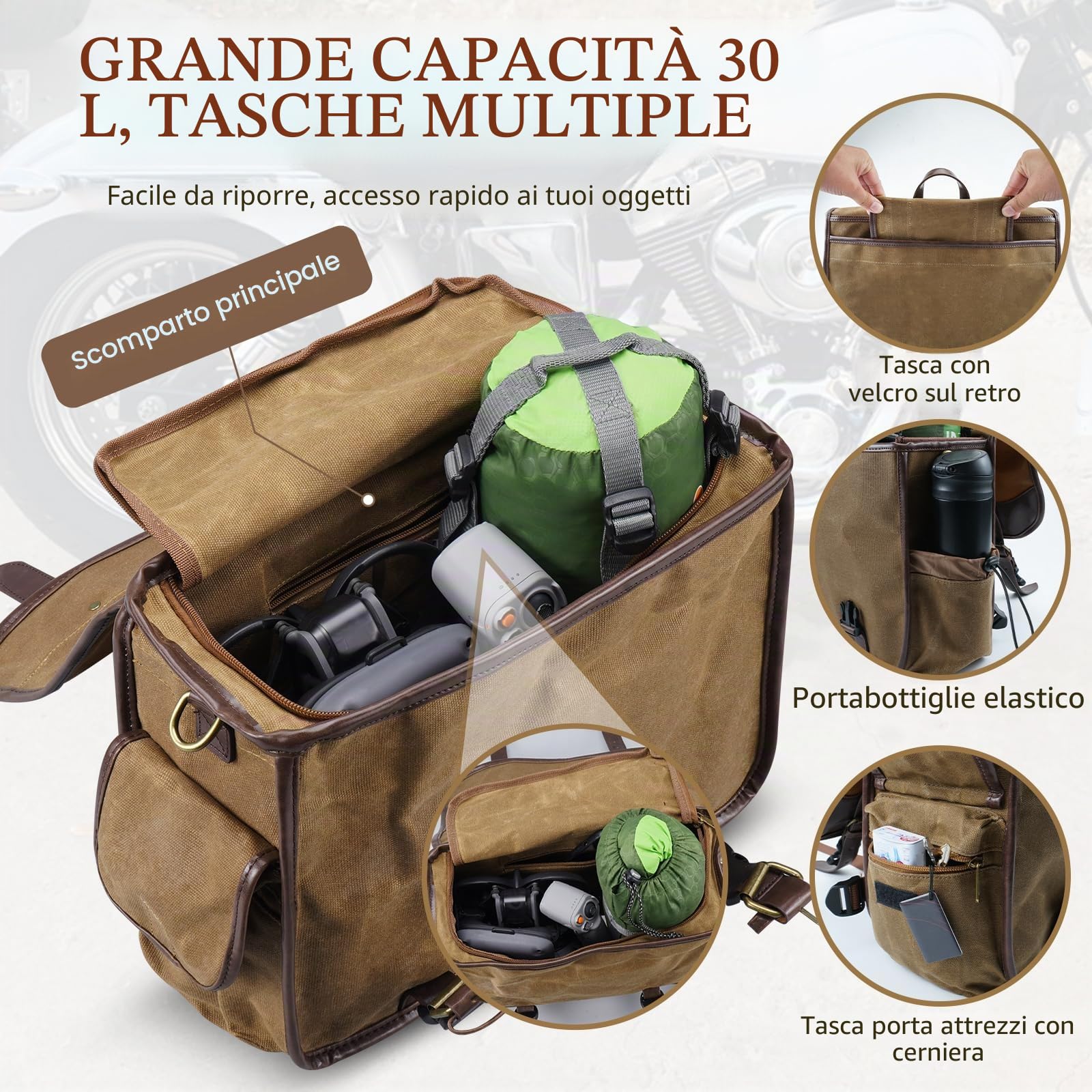 NICECNC Borse da sella per moto, vintage, in tela cerata ad olio, borse laterali da sella Compatible with Harley Adventure Street Glide (marrone)