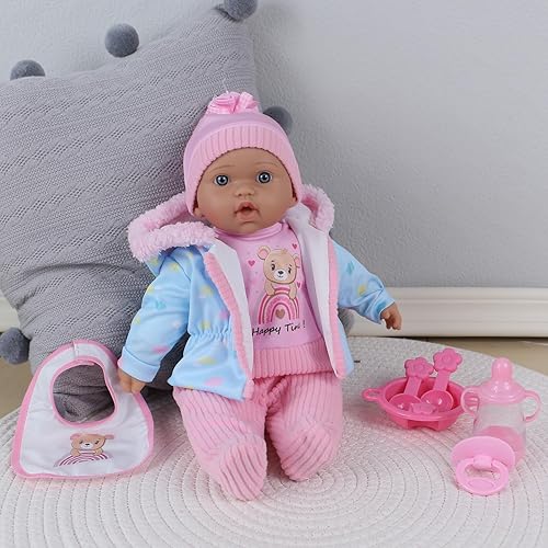Miniatura 3 de haveahug Muñeca de bebé suave de 16 pulgadas, rosa con conejito en traje extraíble y babero, 5 piezas con juego de cena, biberón y accesorios